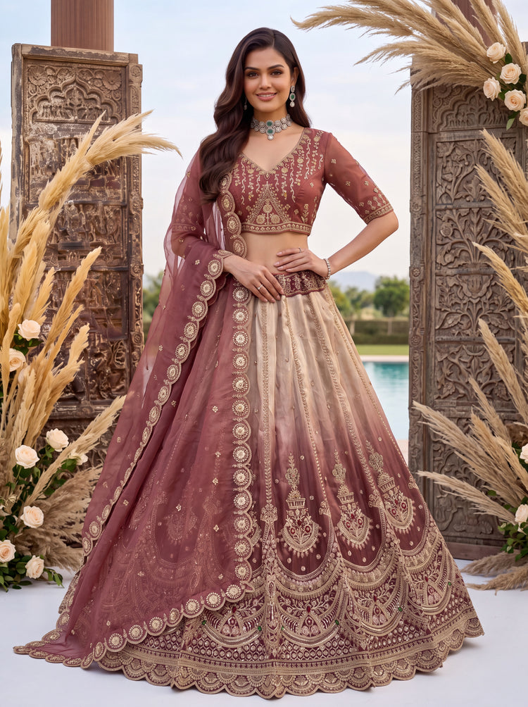 Astonishing Art of Work Shaded Chandni Silk Designer Lehenga Choli