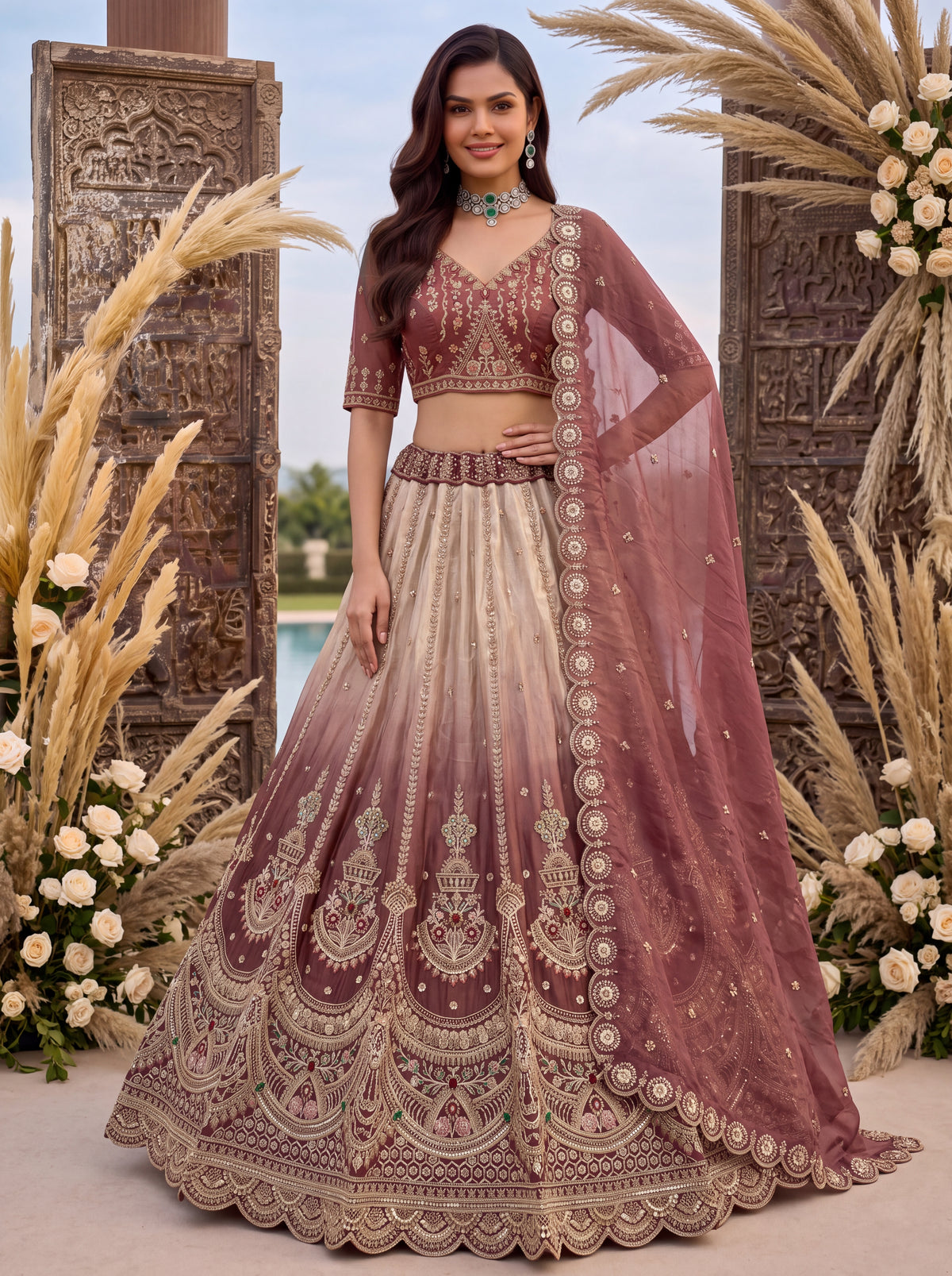 Astonishing Art of Work Shaded Chandni Silk Designer Lehenga Choli