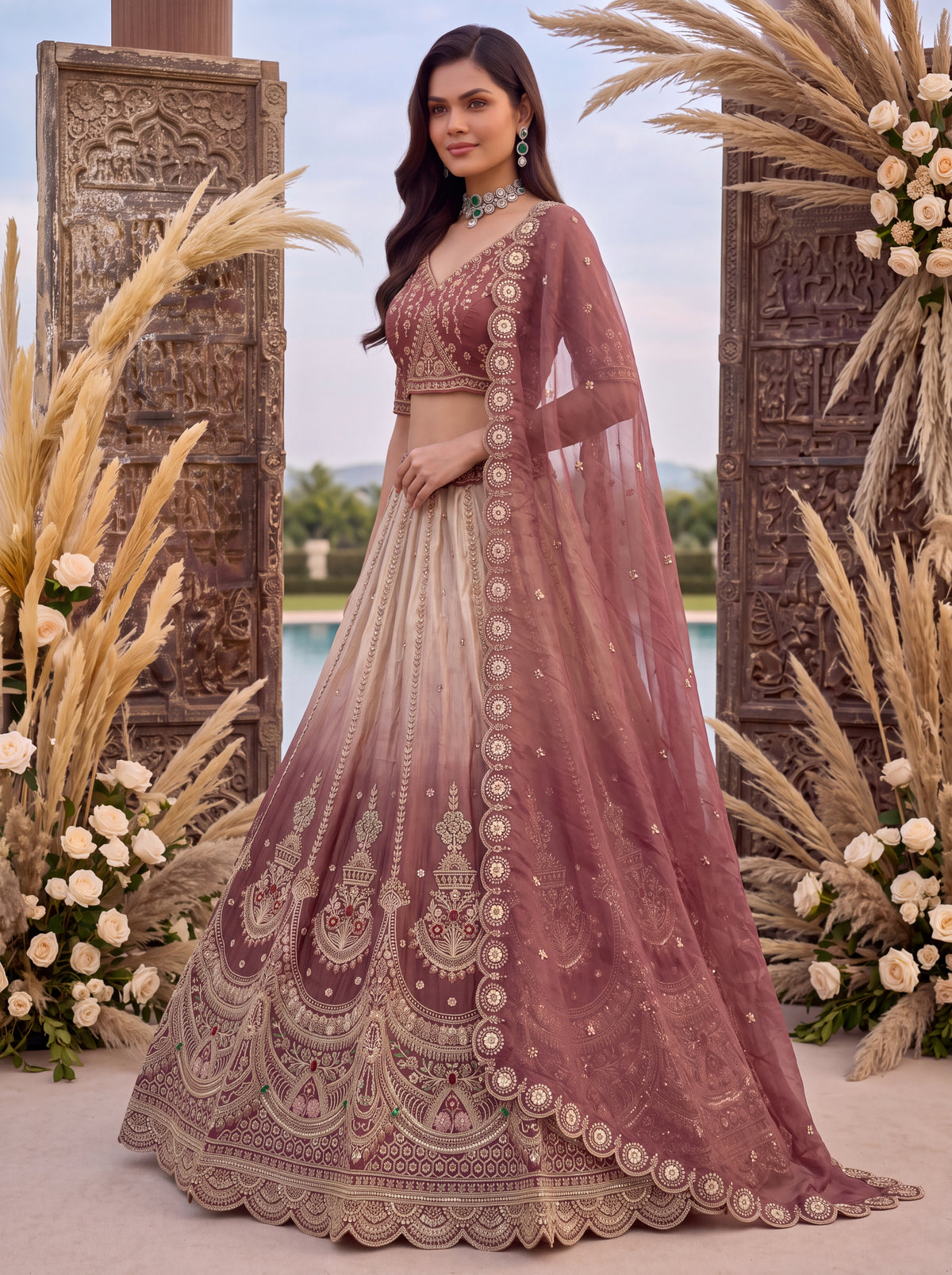 Astonishing Art of Work Shaded Chandni Silk Designer Lehenga Choli