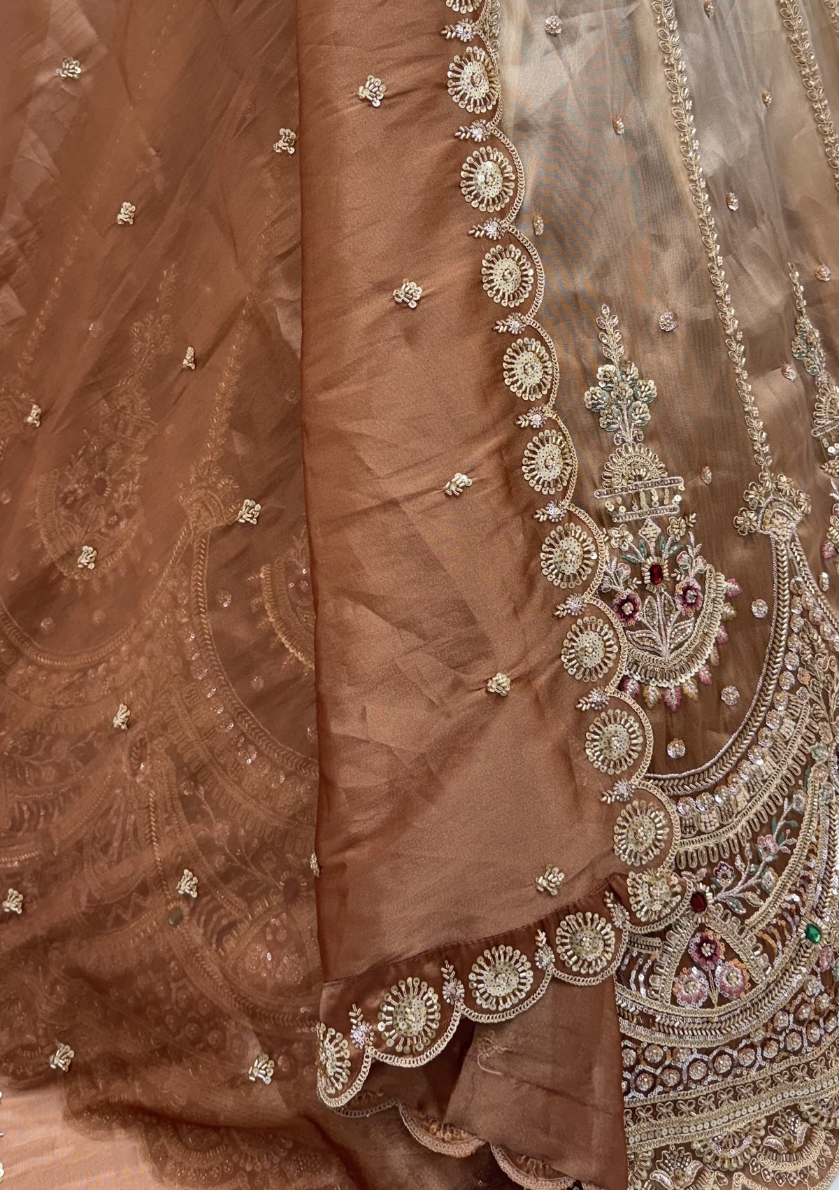 Brown Beige Shaded Chandni Silk Lehenga Choli with Multicolour Handwork, close-up 1