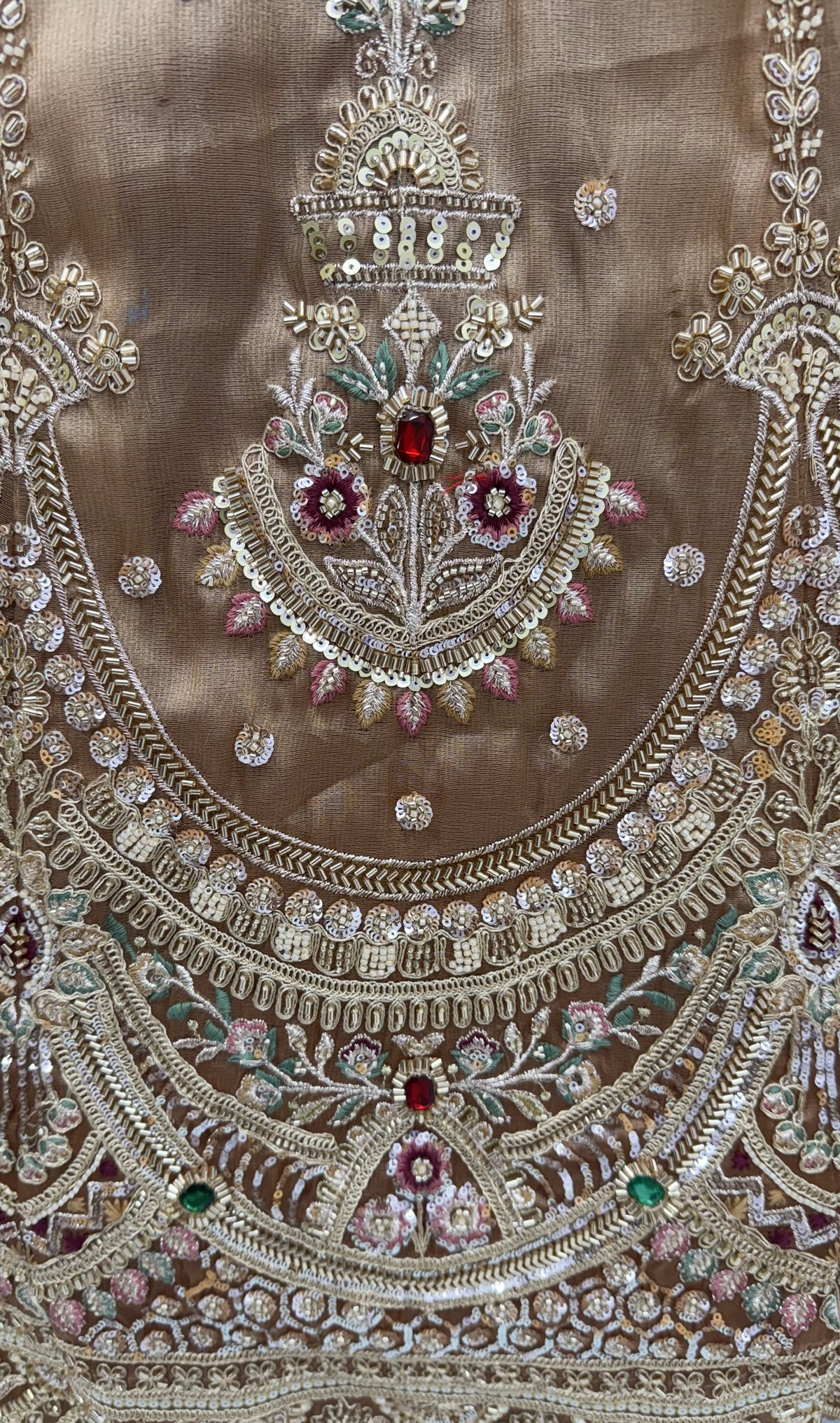 Brown Beige Shaded Chandni Silk Lehenga Choli with Multicolour Handwork, close-up 2