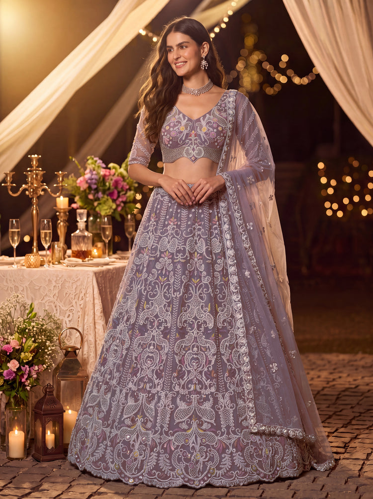 Dusty Lilac Net Lehenga Choli