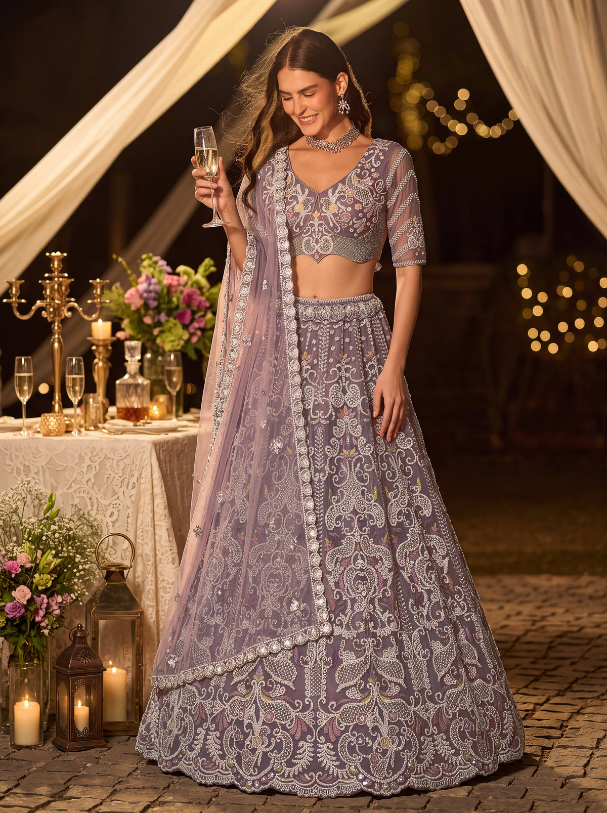 Dusty Lilac Net Lehenga Choli