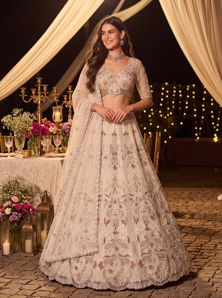 Ivory Champagne Net Lehenga Choli