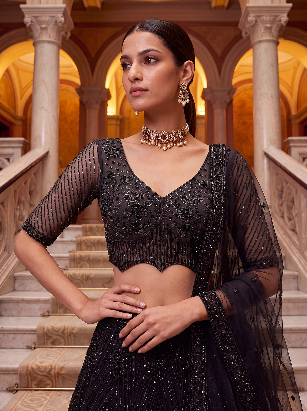 Aadhira Embellished Premium Net Lehenga Choli Set with Beadwork