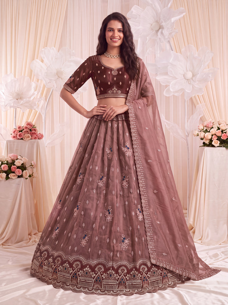 The Myra Shaded Mauve Brown Crystal Beads Lehenga Choli