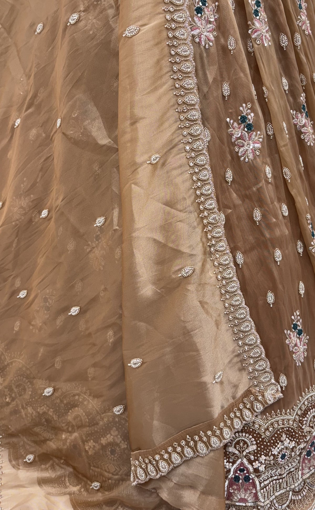 The Aavanya Olive Brown Crystal Work Lehenga Choli, close-up 1