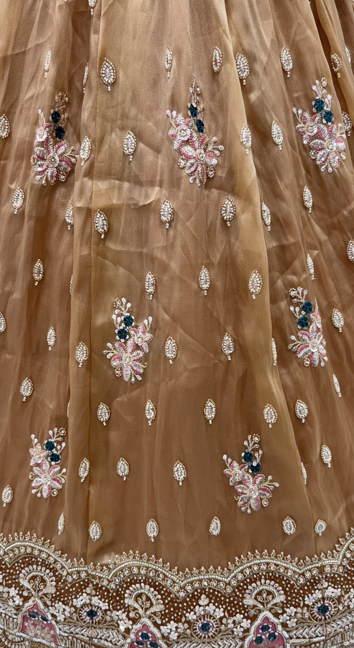 The Aavanya Olive Brown Crystal Work Lehenga Choli, close-up 2