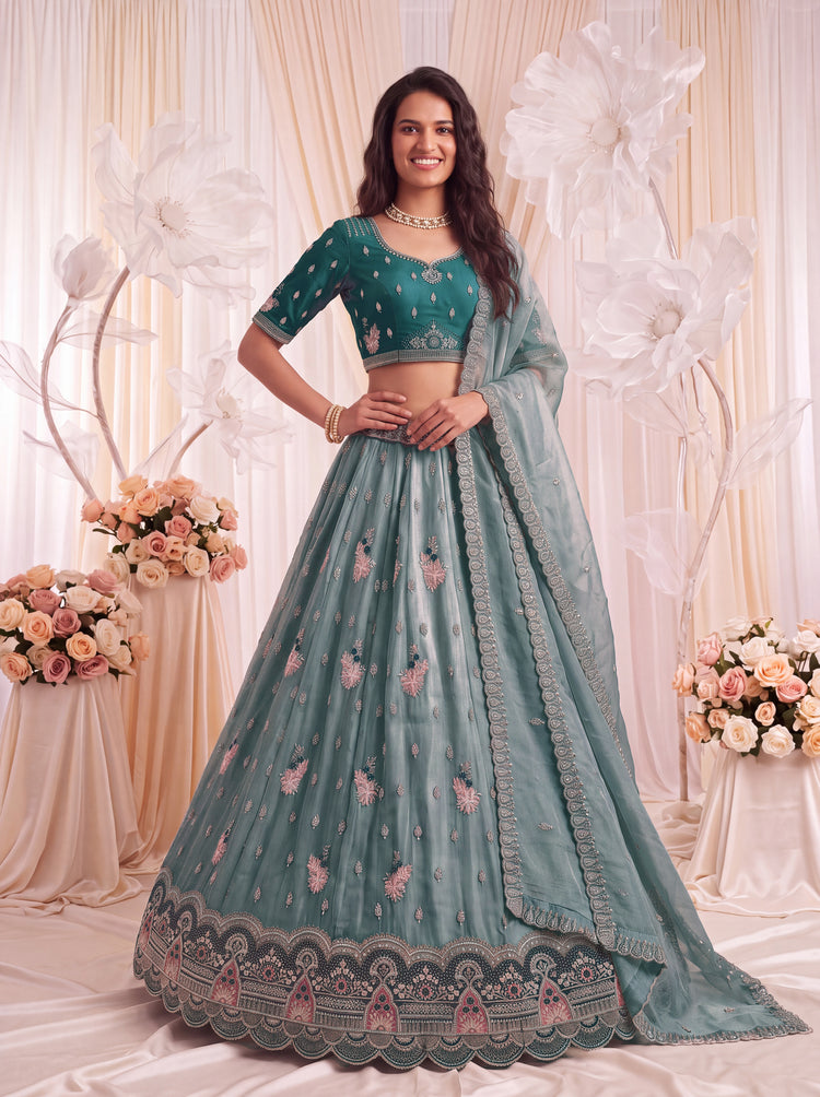 The Meher Teal Blue Crystal Work Lehenga Choli