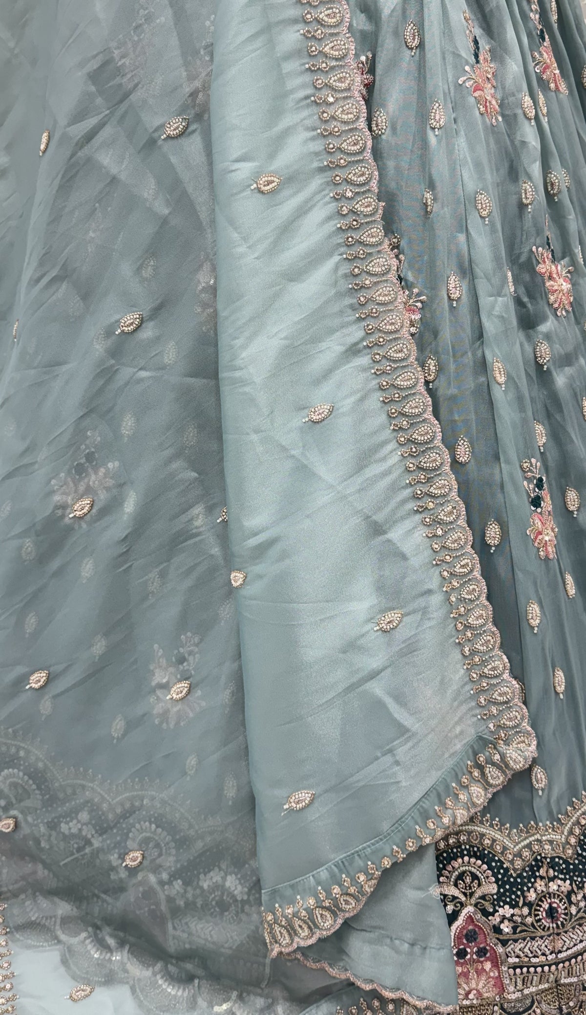 The Meher Teal Blue Crystal Work Lehenga Choli, close-up 1