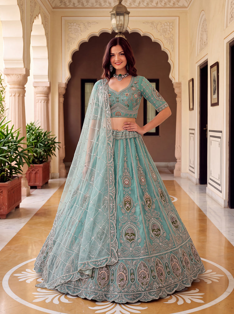 The Aavisha Teal Green Embroidered Lehenga Choli