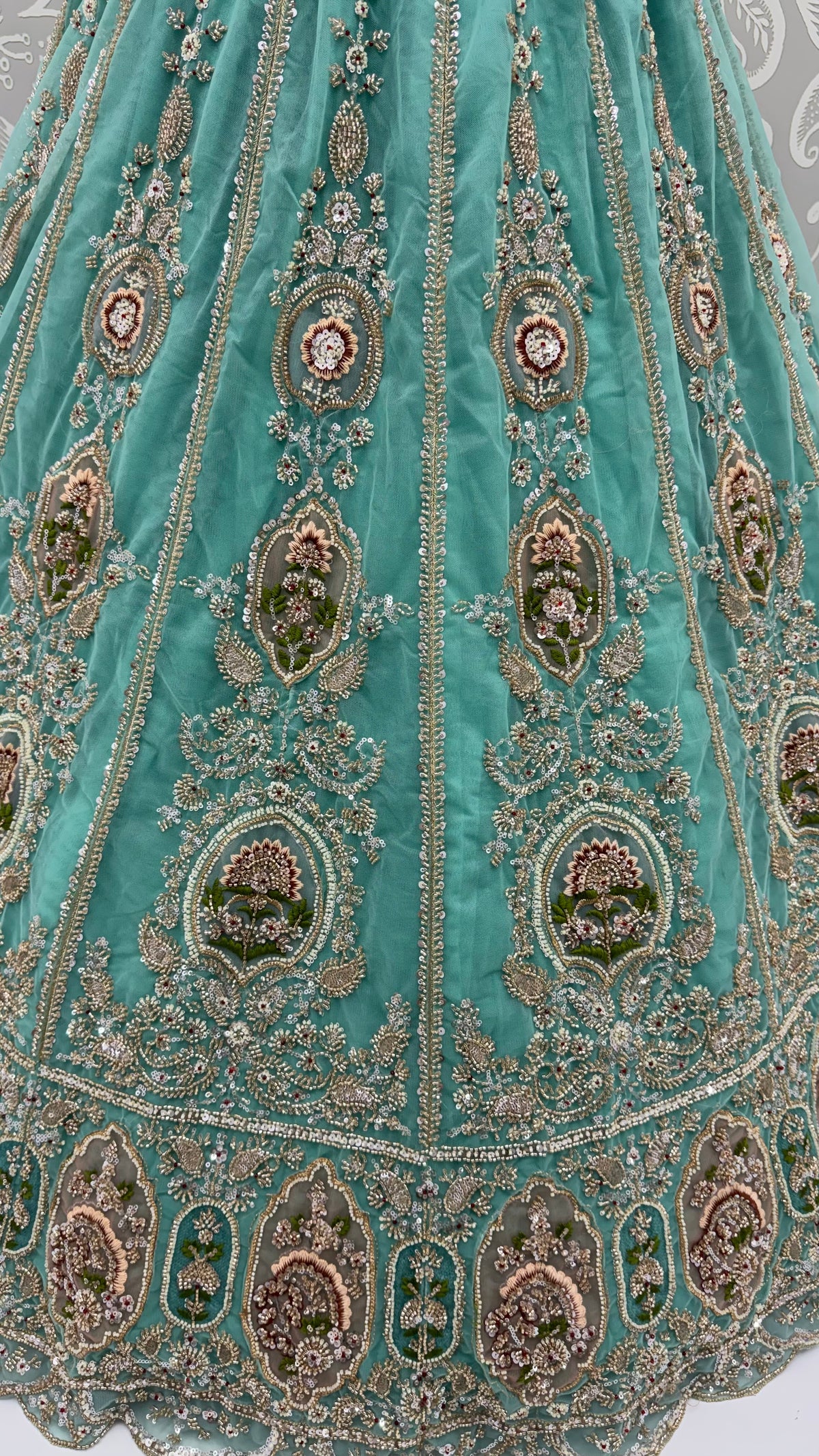 The Aavisha Teal Green Embroidered Lehenga Choli, close-up 1