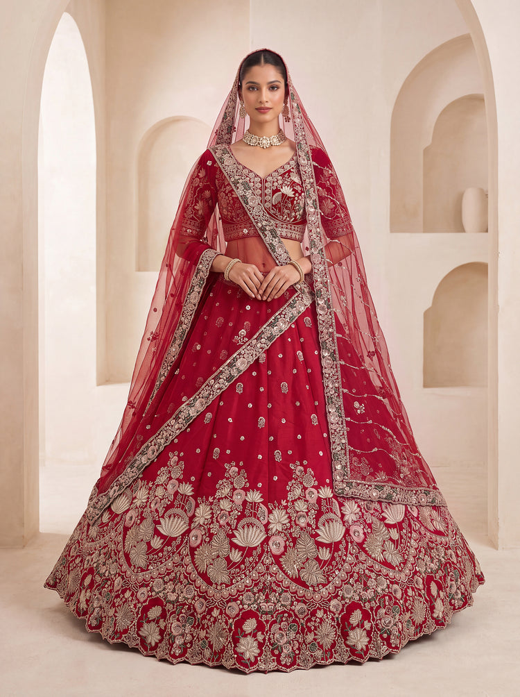 The Rajvanshi Ruby Red Floral Handwork Lehenga Choli