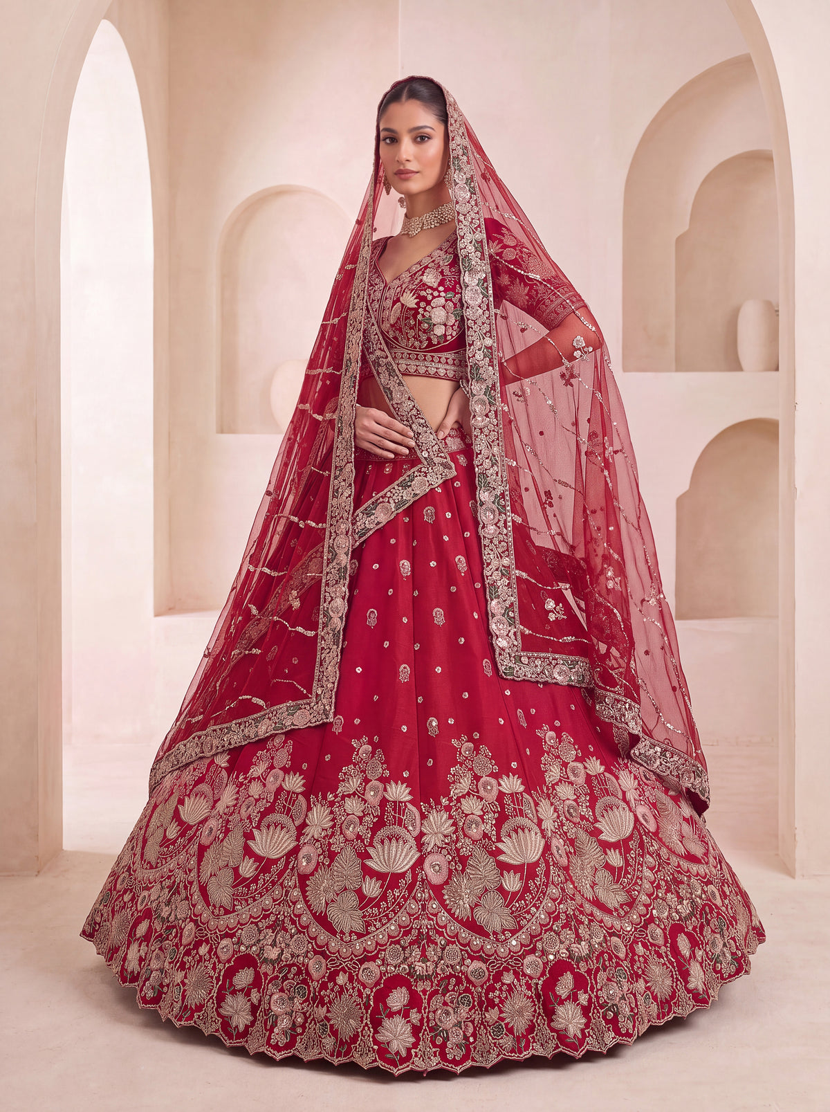 The Rajvanshi Ruby Red Floral Handwork Lehenga Choli, photo 4