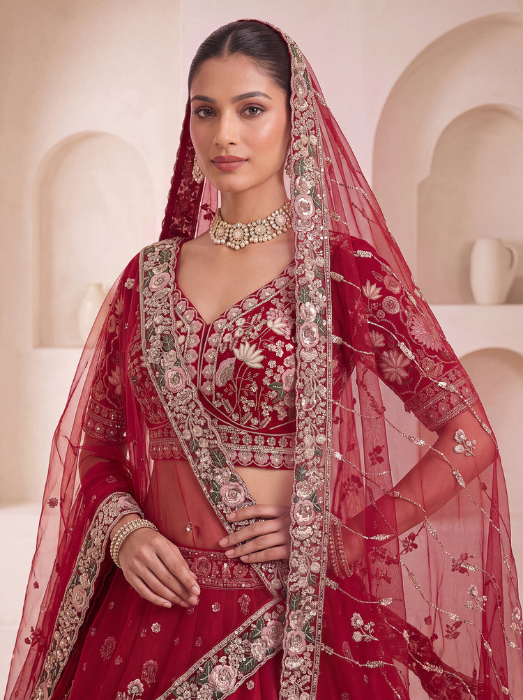 The Rajvanshi Ruby Red Floral Handwork Lehenga Choli, photo 5