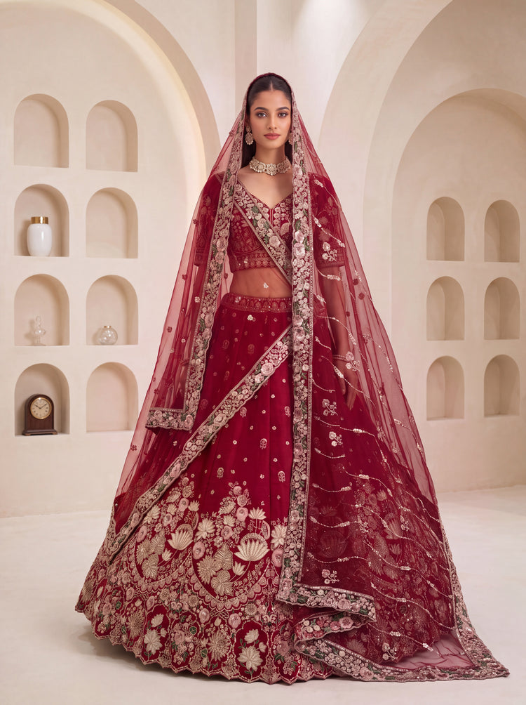 The Aadhira Maroon Red Floral Zari Embroidered Bridal Lehenga Choli