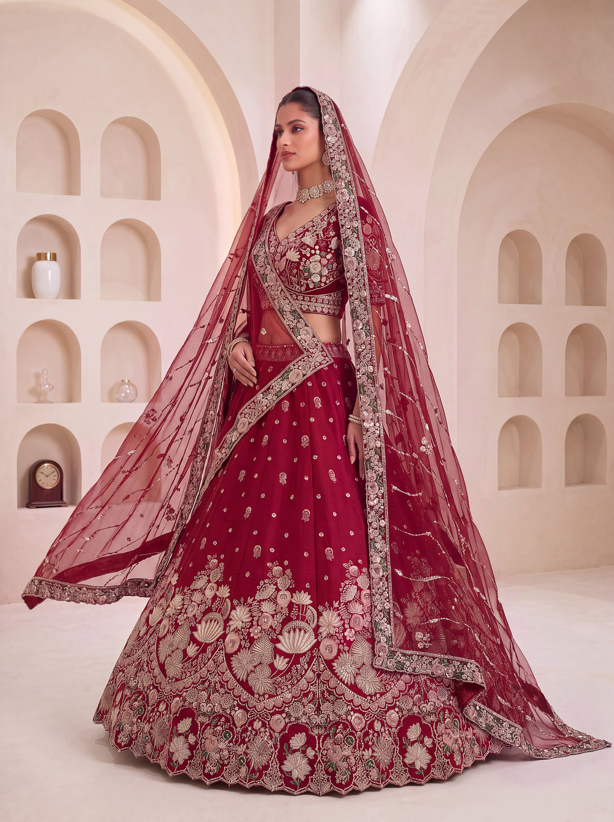 The Aadhira Maroon Red Floral Zari Embroidered Bridal Lehenga Choli, photo 3