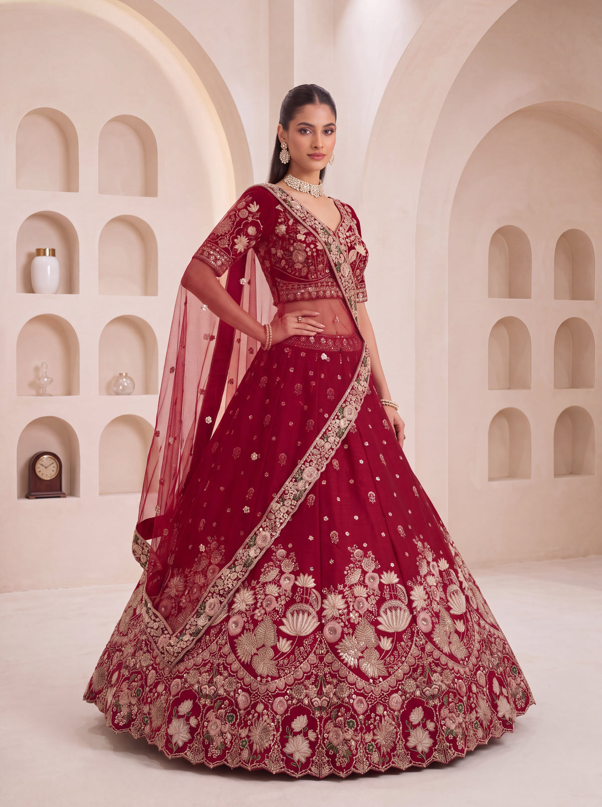 The Aadhira Maroon Red Floral Zari Embroidered Bridal Lehenga Choli, photo 4