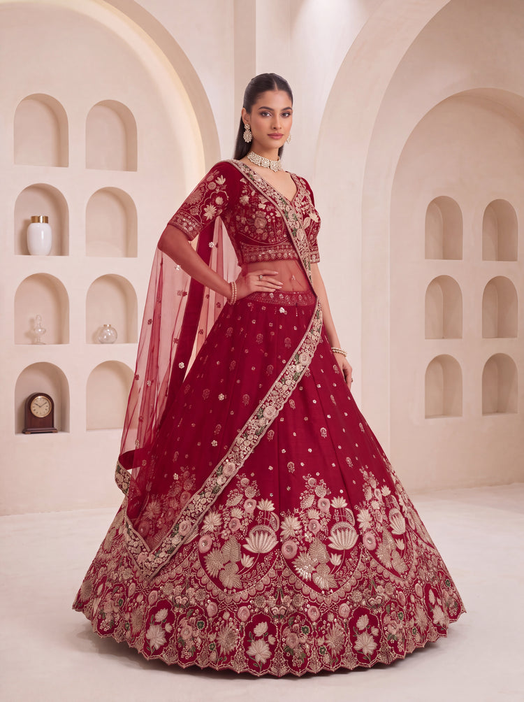 The Aadhira Maroon Red Floral Zari Embroidered Bridal Lehenga Choli, photo 4