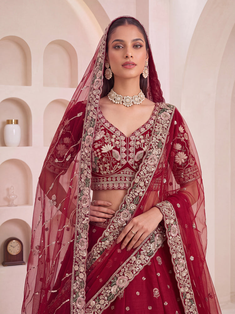 The Aadhira Maroon Red Floral Zari Embroidered Bridal Lehenga Choli, photo 5
