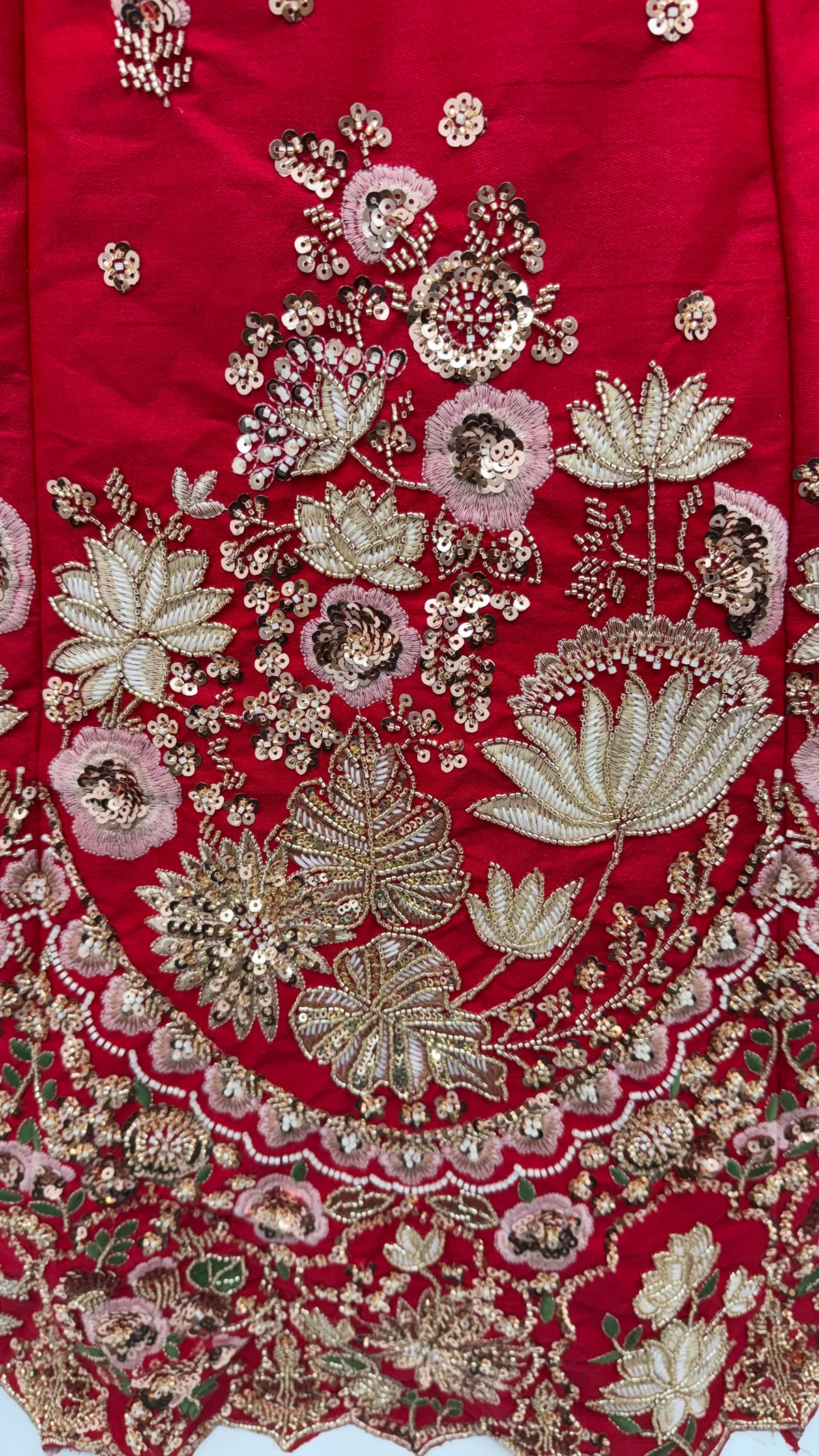 The Rajvanshi Ruby Red Floral Handwork Lehenga Choli, close-up 1