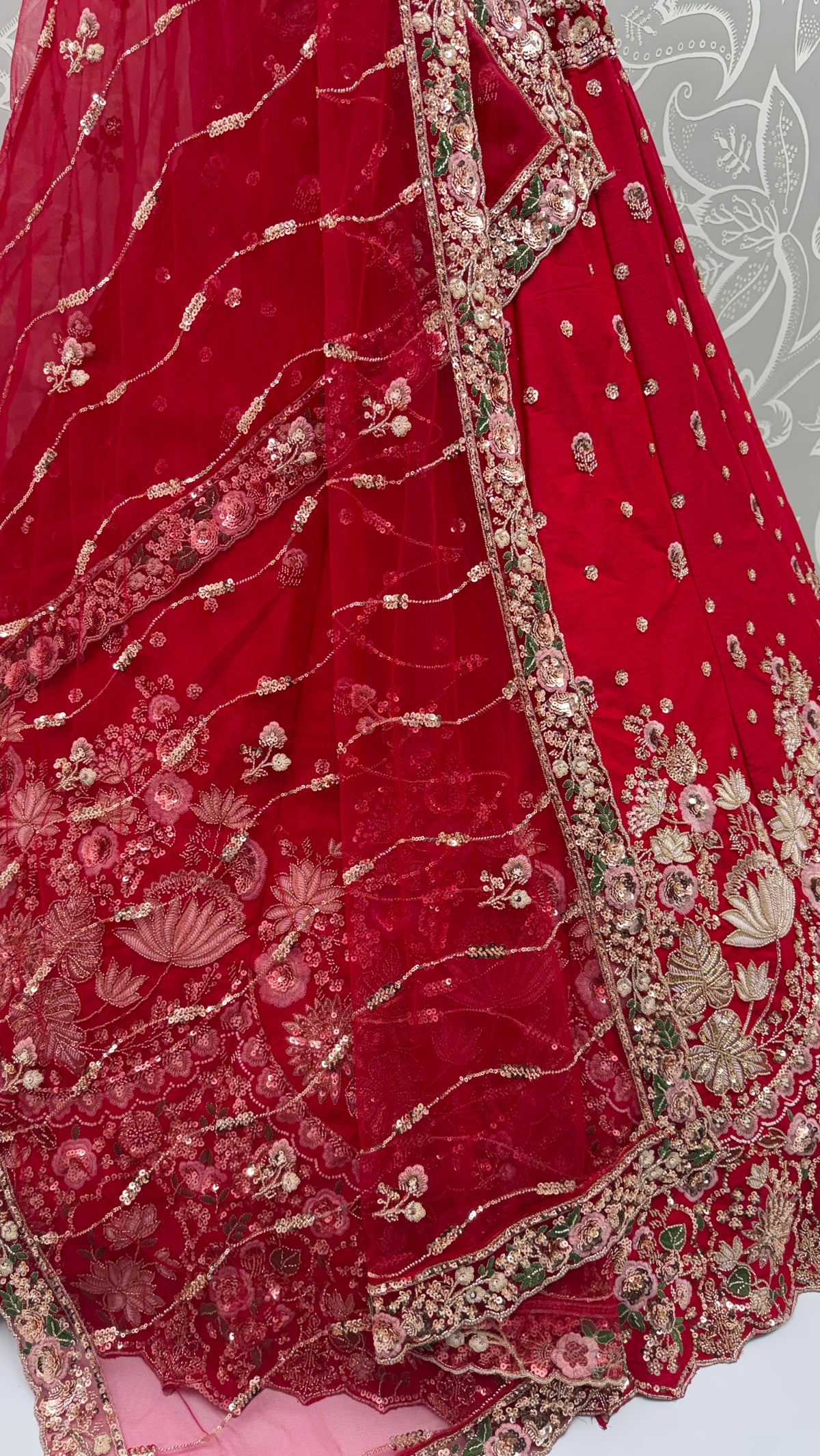The Rajvanshi Ruby Red Floral Handwork Lehenga Choli, close-up 2
