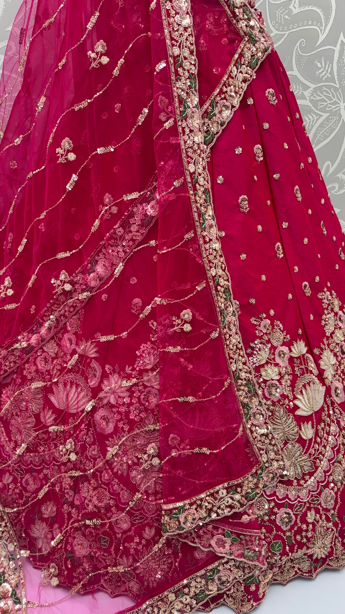 The Gulnaaz Rani Pink Floral Embroidered Bridal Lehenga Choli, close-up 2