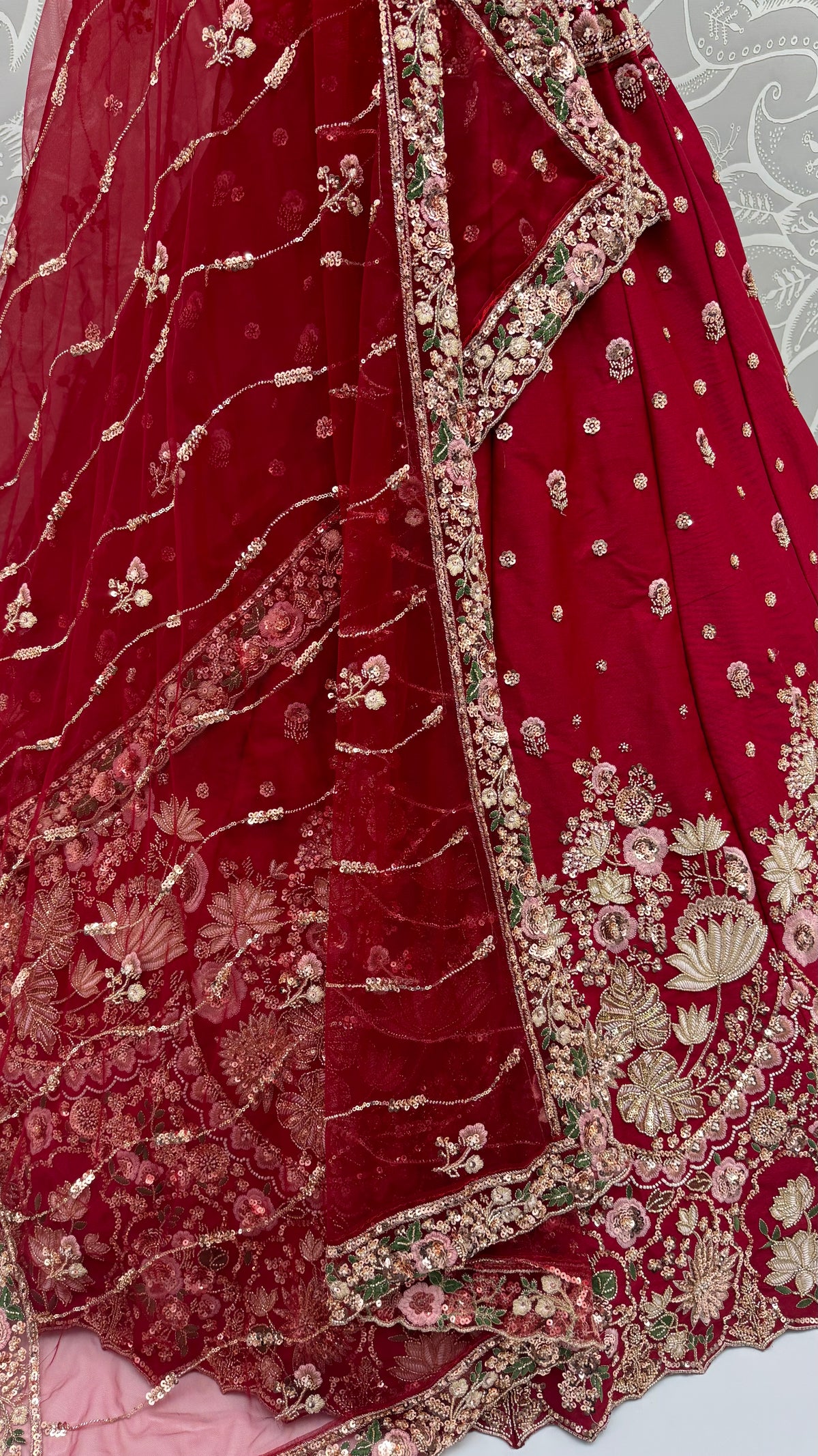 The Aadhira Maroon Red Floral Zari Embroidered Bridal Lehenga Choli, close-up 2