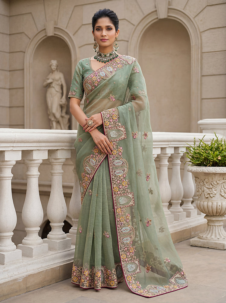 Luxury Sage Green Gabana Silk Saree with Patch Embroidery