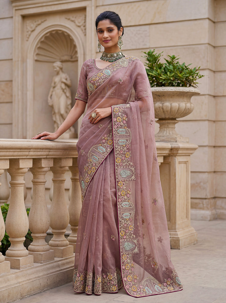 Luxury Dusty Mauve Gabana Silk Saree with Patch Embroidery