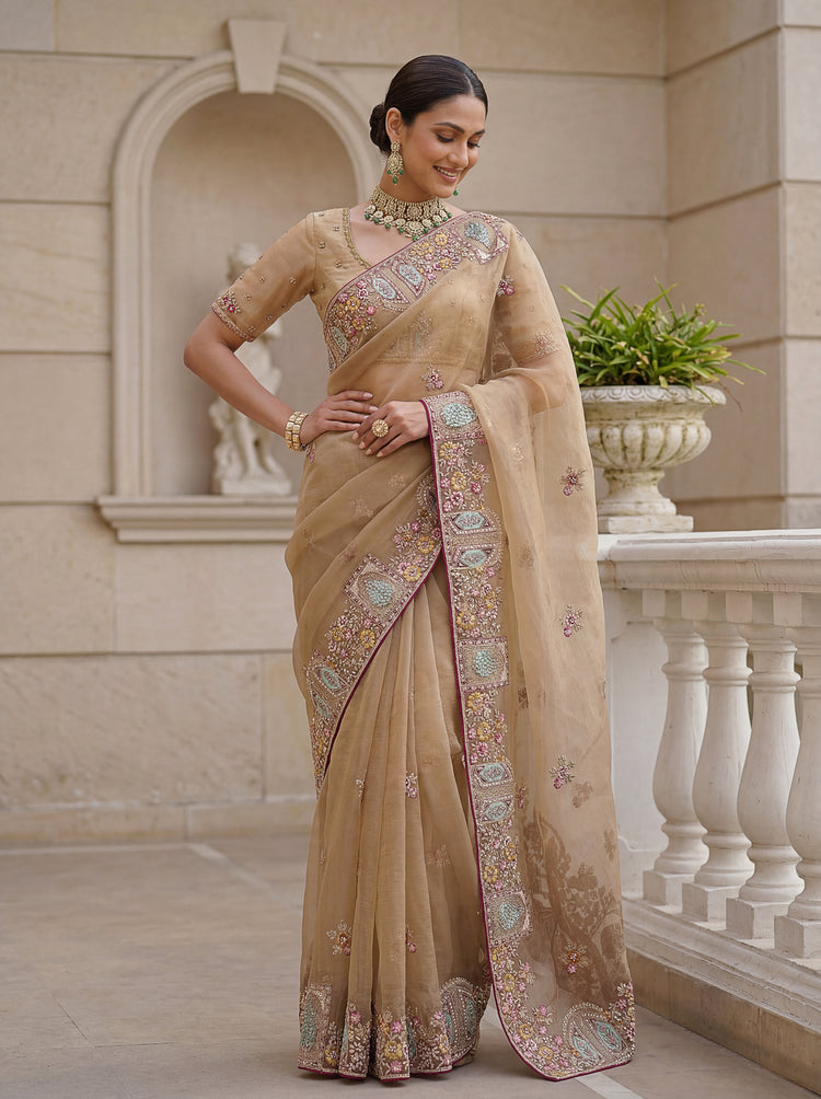 Luxury Beige Gabana Silk Saree with Patch Embroidery