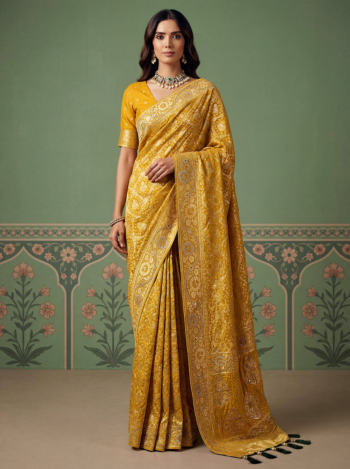 Mustard Yellow Banarasi Silk Bandhani Pattern Saree