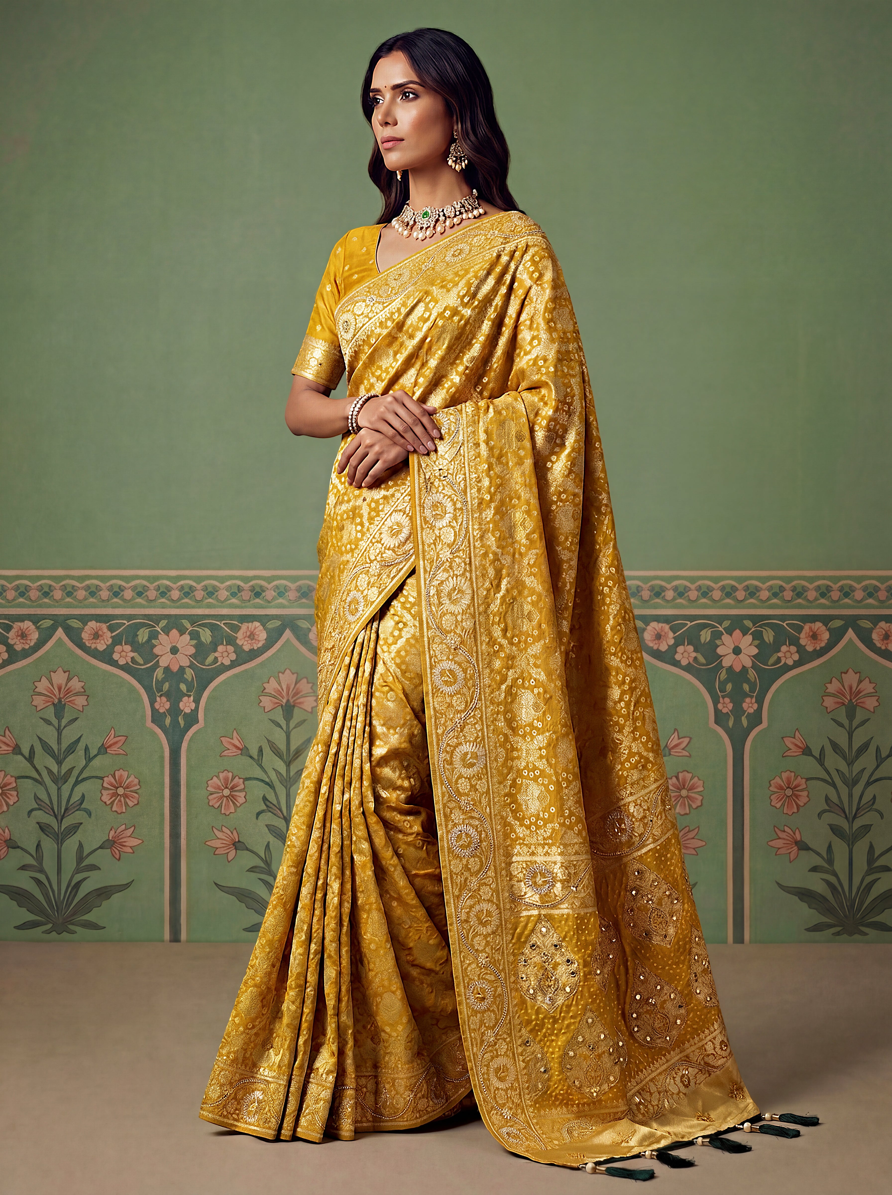 Mustard Yellow Banarasi Silk Bandhani Pattern Saree