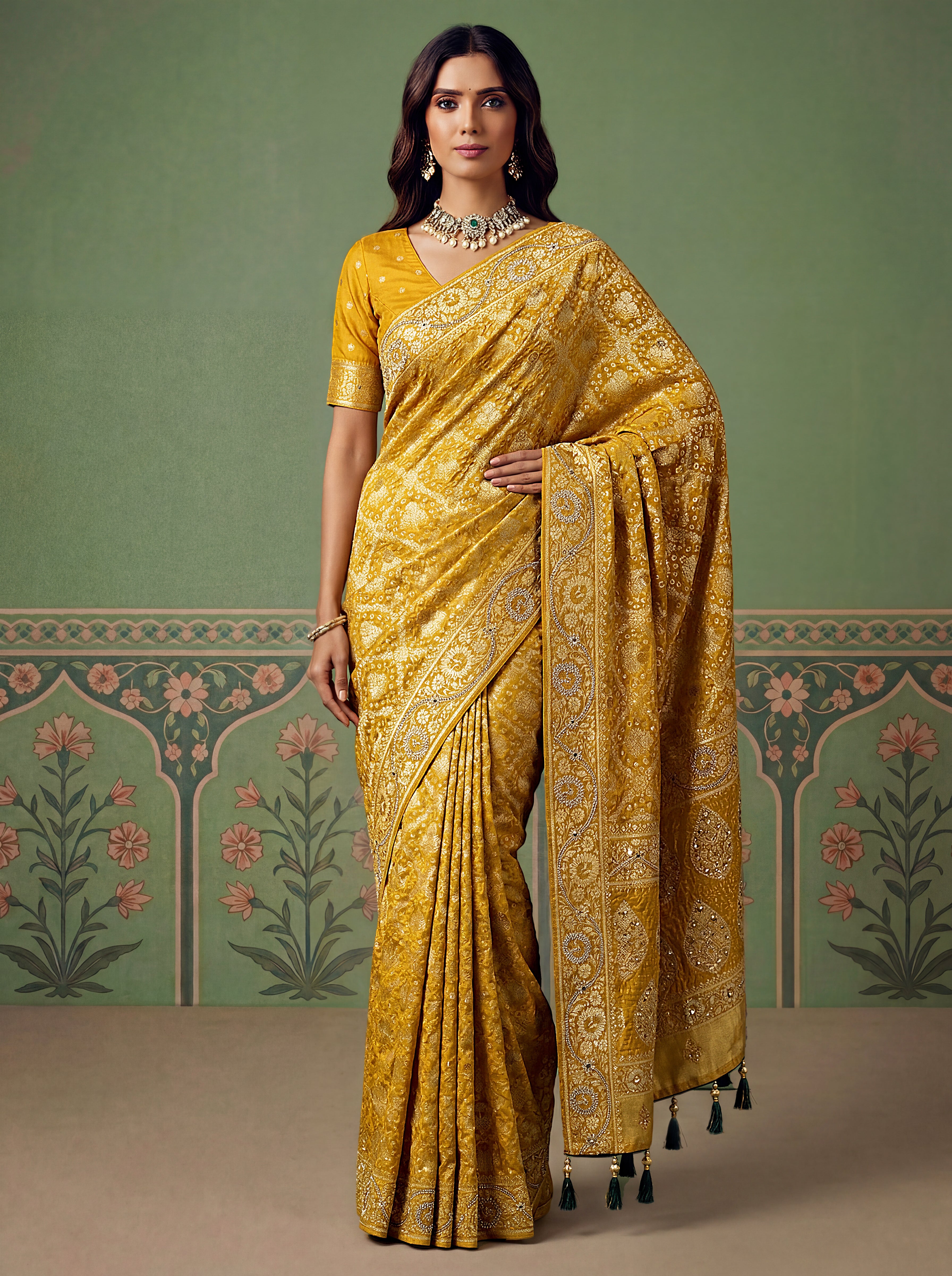 Mustard Yellow Banarasi Silk Bandhani Pattern Saree