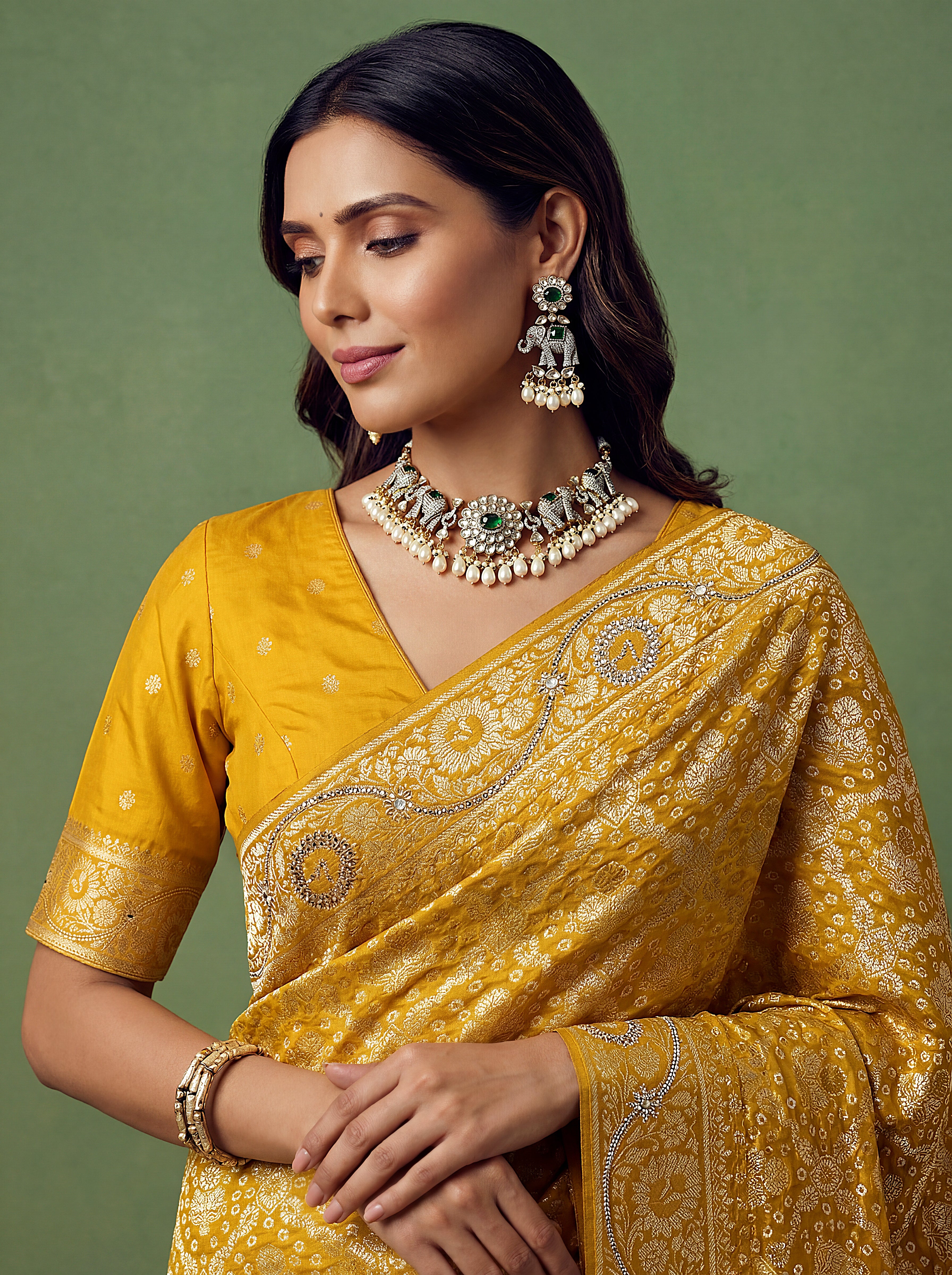 Mustard Yellow Banarasi Silk Bandhani Pattern Saree
