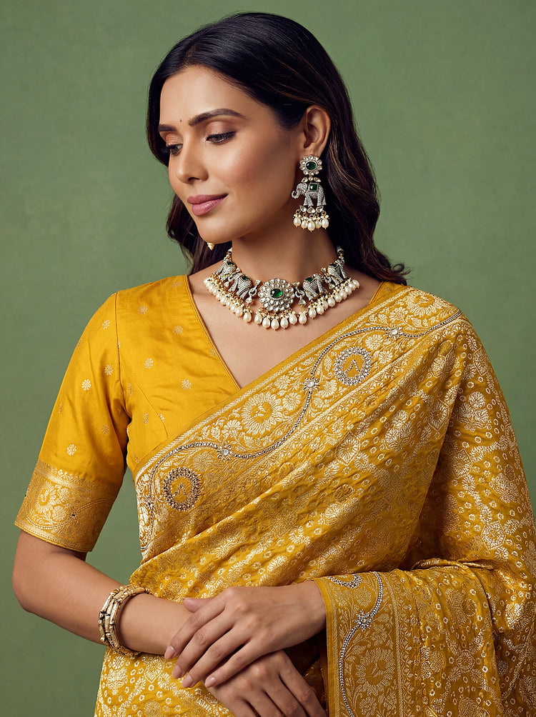 Mustard Yellow Banarasi Silk Bandhani Pattern Saree
