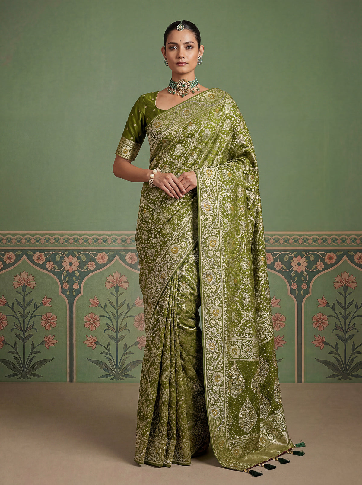 Olive Green Pashmina Silk Zari Woven Saree with Gold Border & Unstitched Blouse