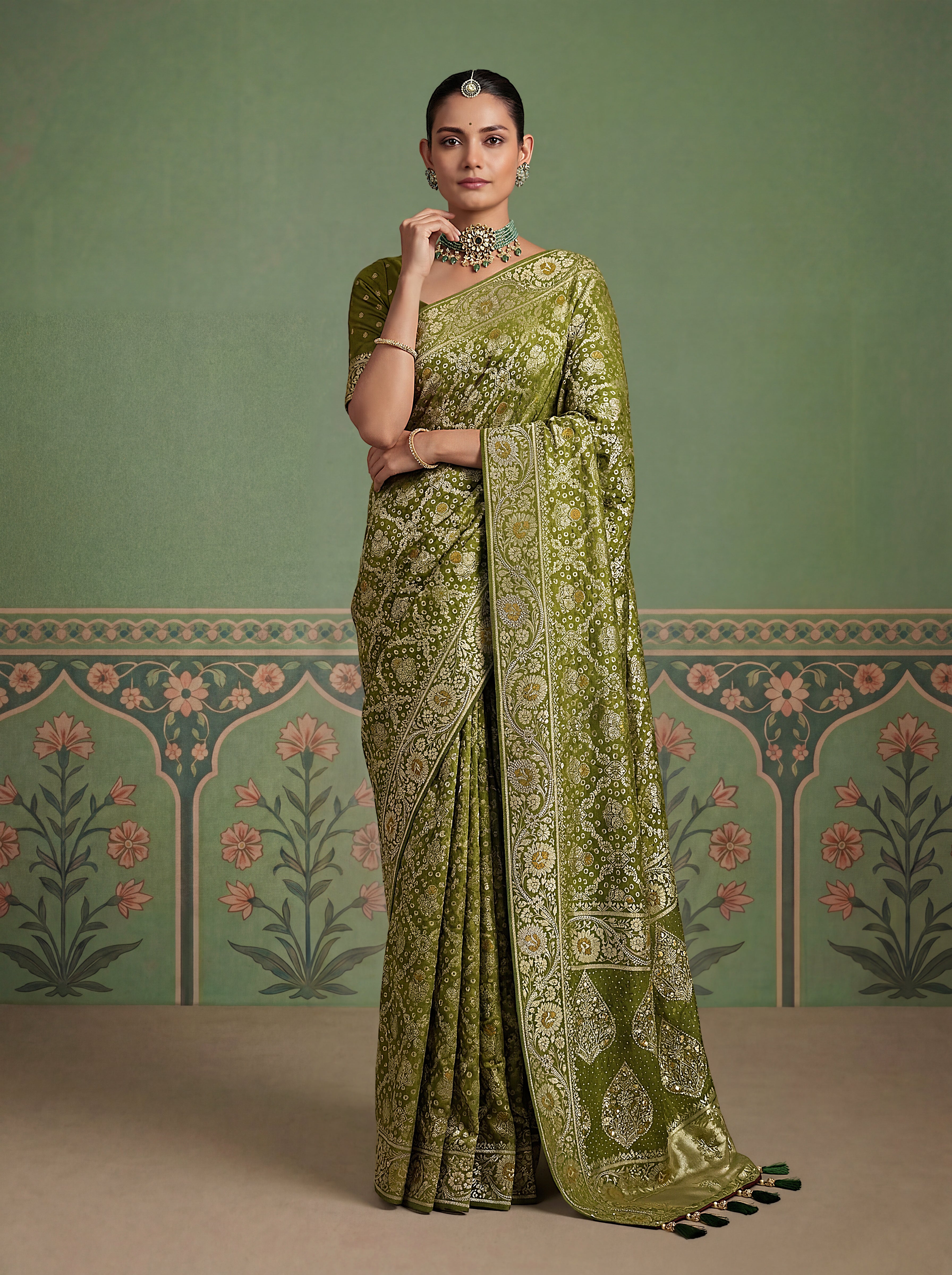 Olive Green Pashmina Silk Zari Woven Saree with Gold Border & Unstitched Blouse