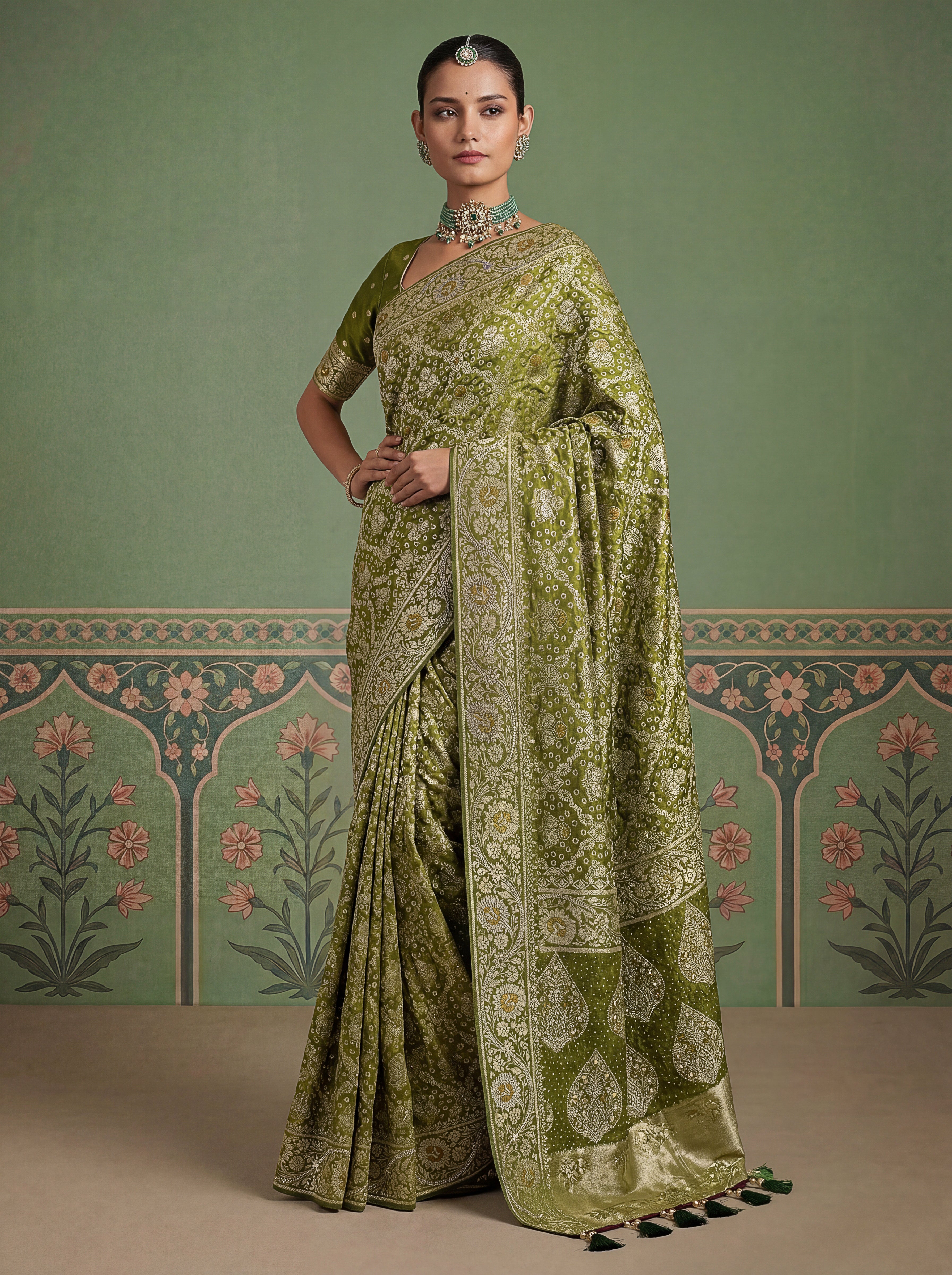 Olive Green Pashmina Silk Zari Woven Saree with Gold Border & Unstitched Blouse