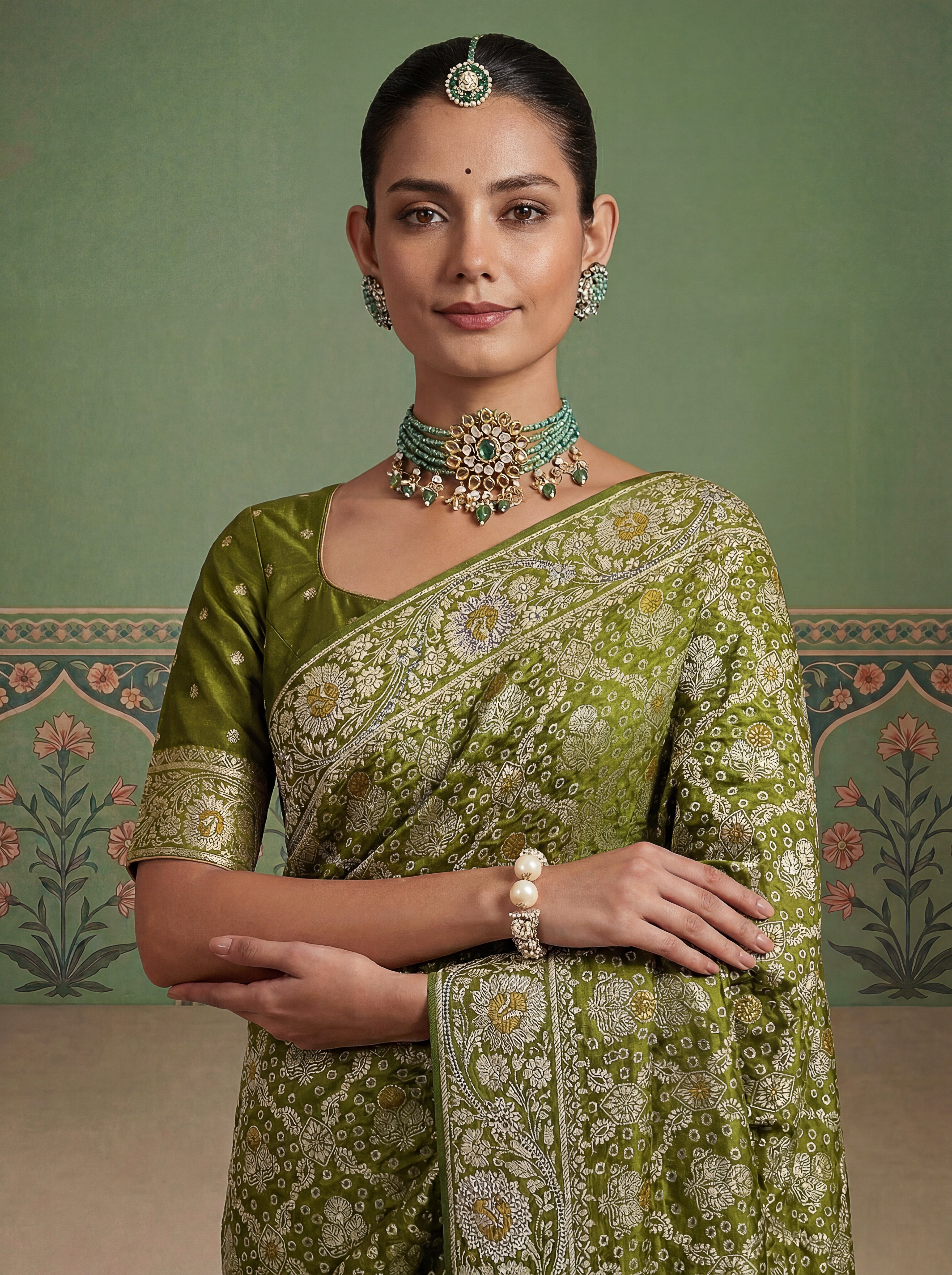 Olive Green Pashmina Silk Zari Woven Saree with Gold Border & Unstitched Blouse