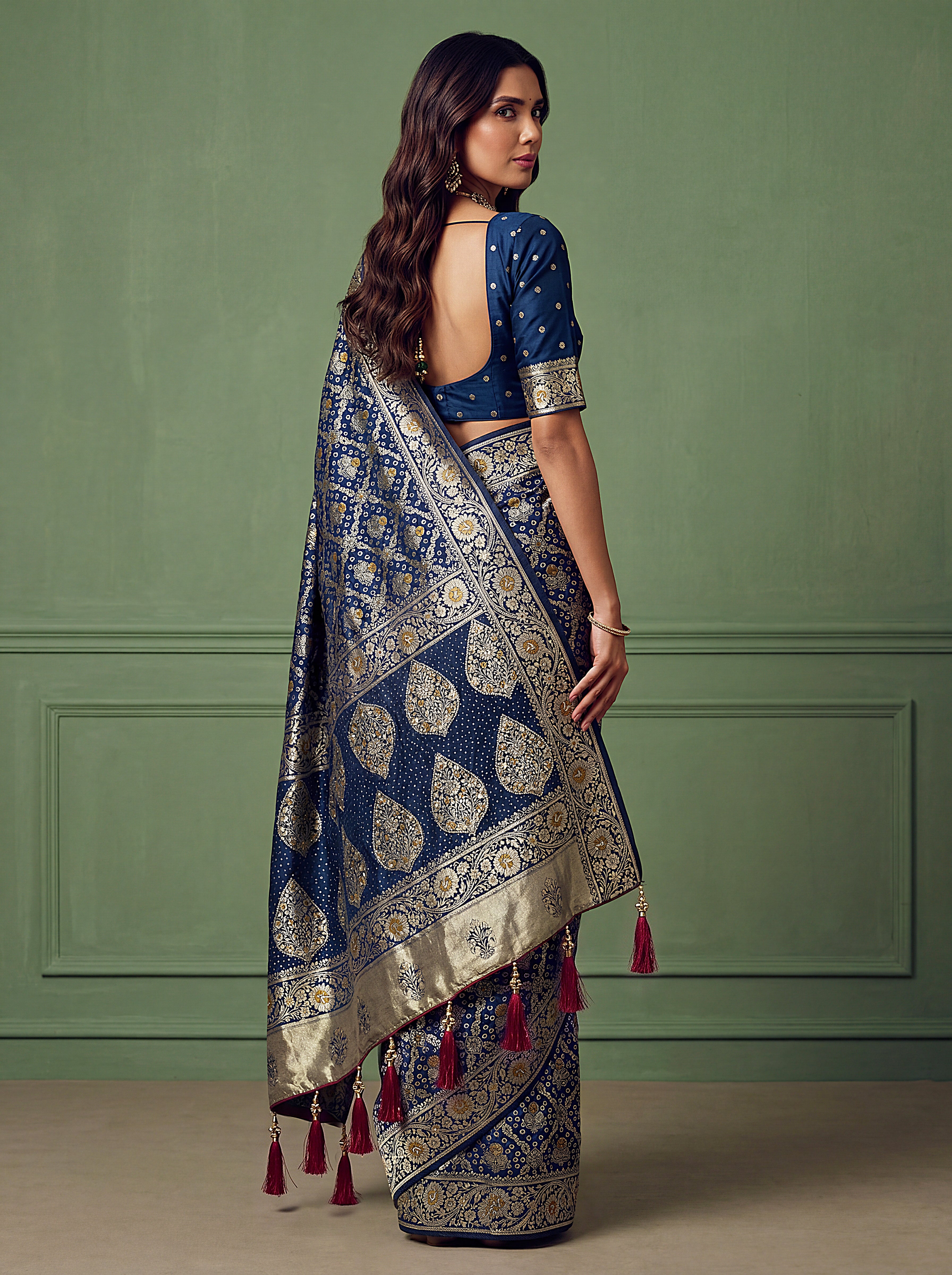 Navy Blue Pashmina Silk Zari Woven Saree with Gold Border & Unstitched Blouse