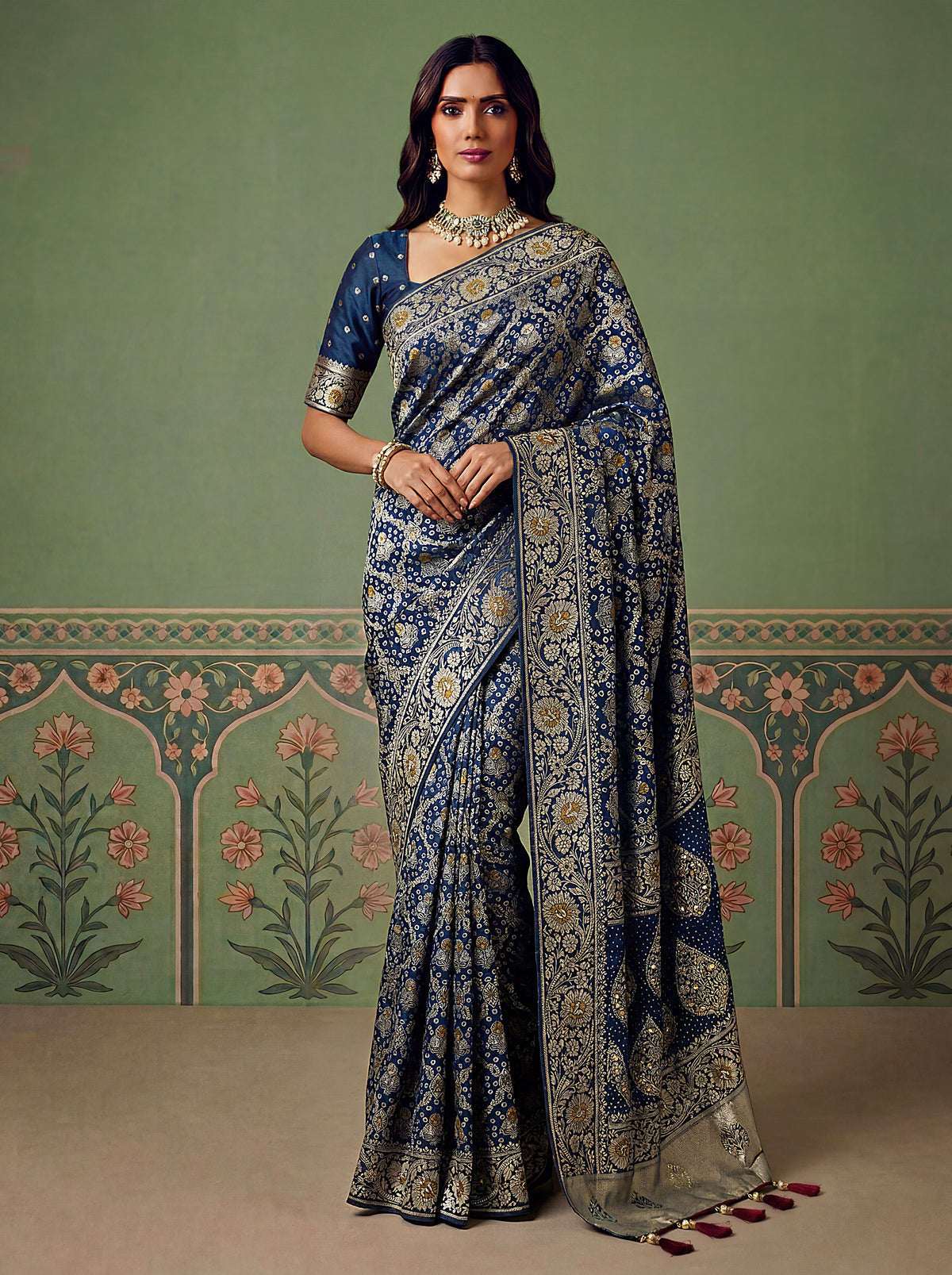 Navy Blue Pashmina Silk Zari Woven Saree with Gold Border & Unstitched Blouse
