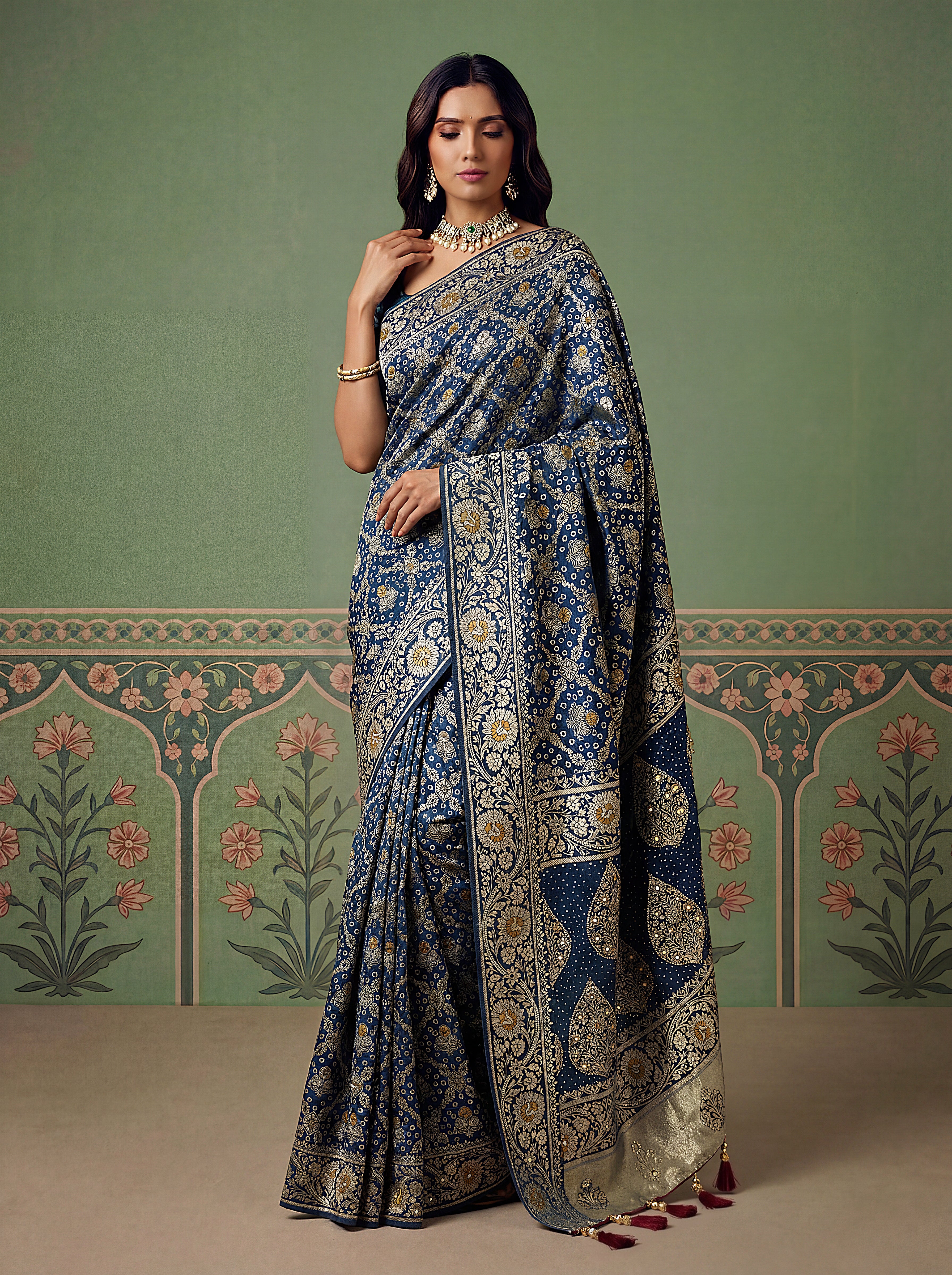 Navy Blue Pashmina Silk Zari Woven Saree with Gold Border & Unstitched Blouse