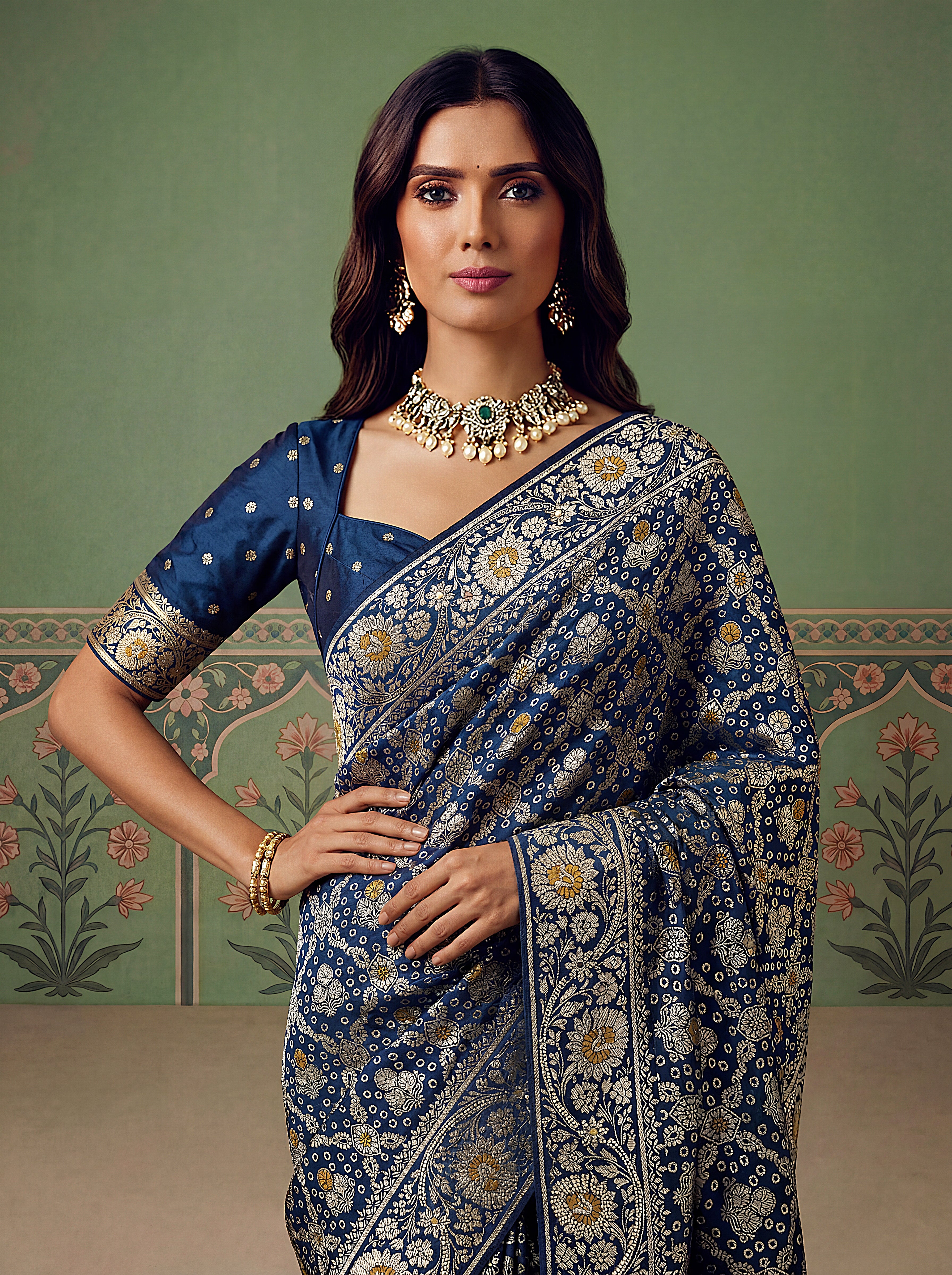 Navy Blue Pashmina Silk Zari Woven Saree with Gold Border & Unstitched Blouse