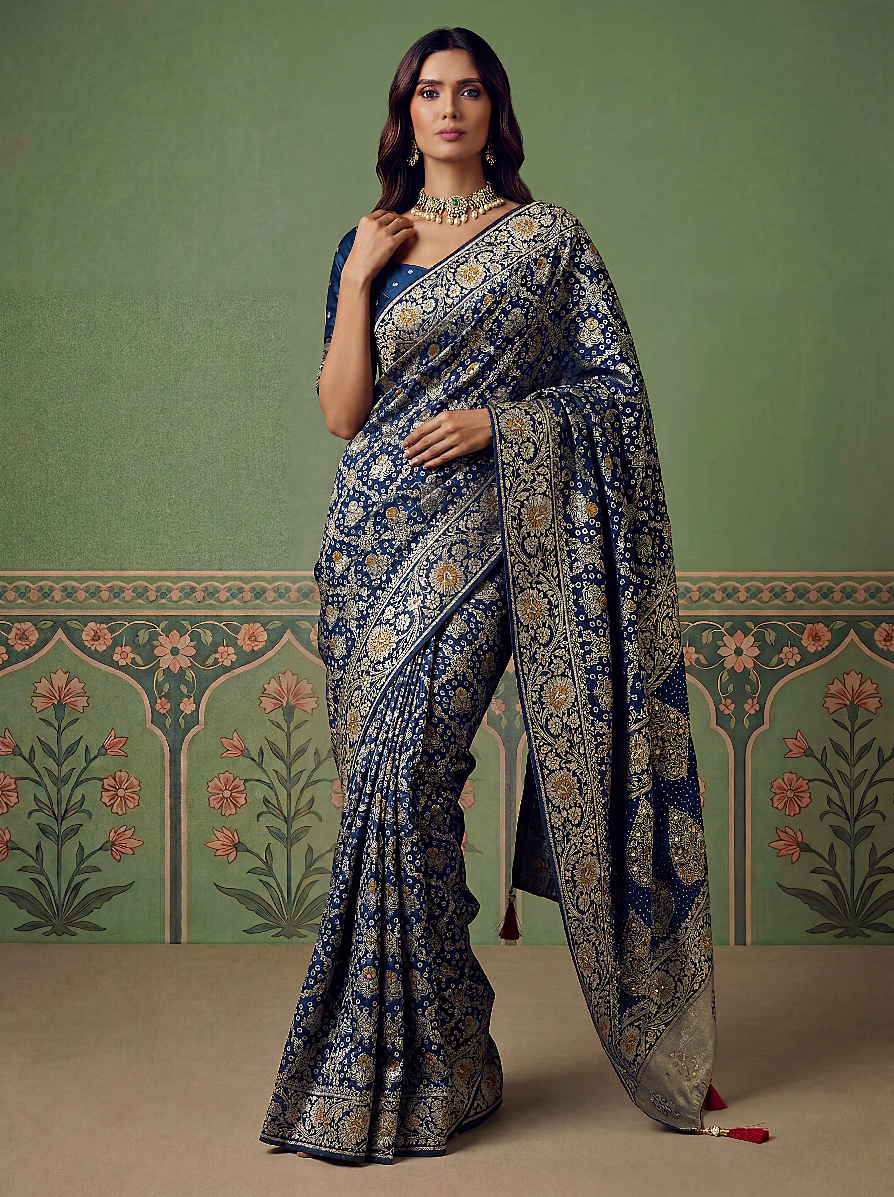 Navy Blue Pashmina Silk Zari Woven Saree with Gold Border & Unstitched Blouse