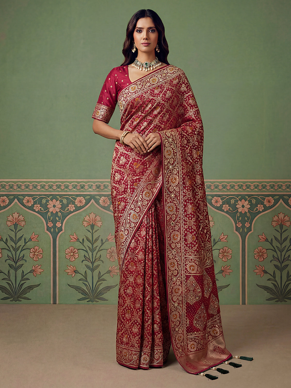 Rani Pink Pashmina Silk Zari Woven Saree with Gold Border & Unstitched Blouse