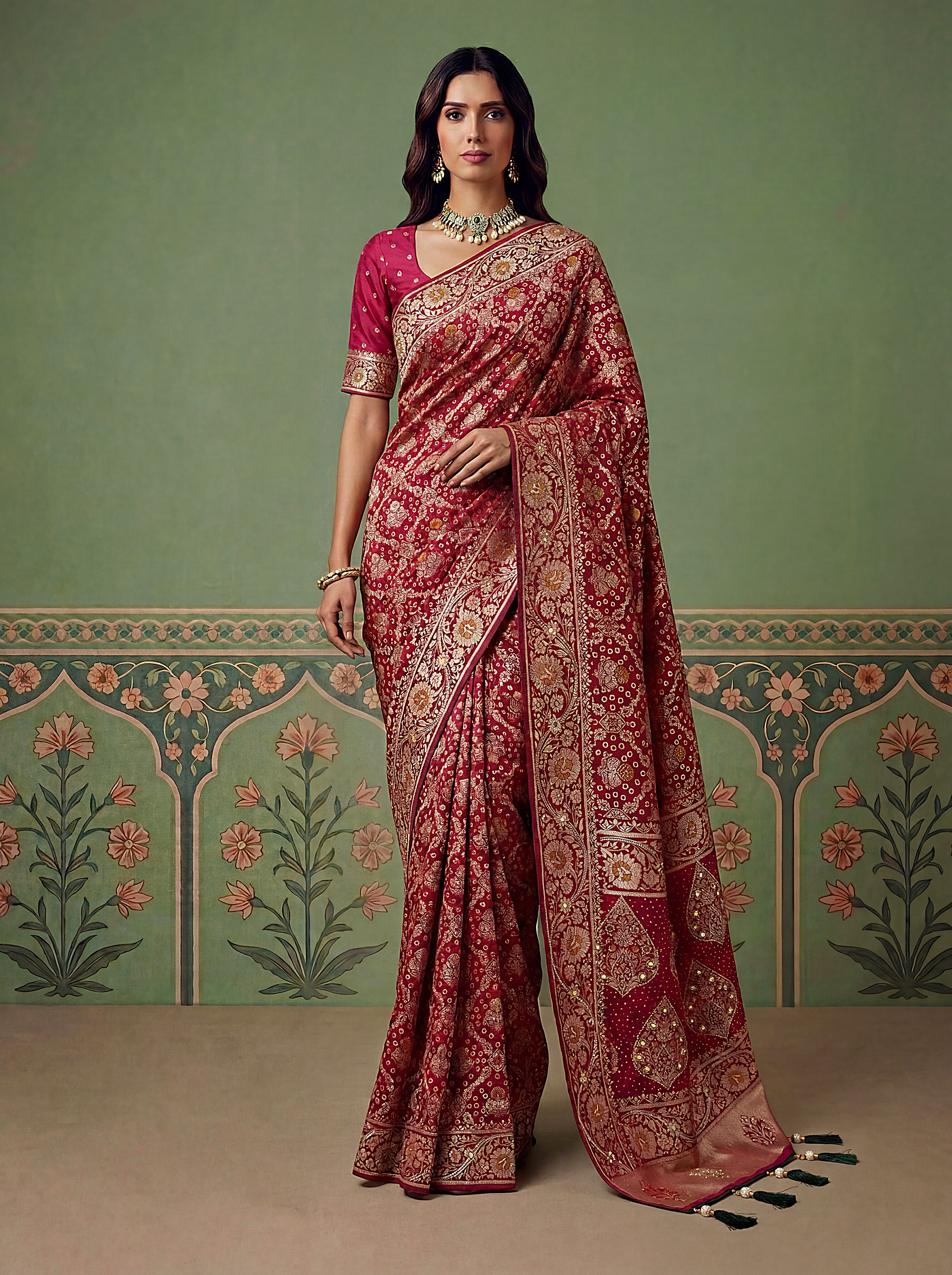 Rani Pink Pashmina Silk Zari Woven Saree with Gold Border & Unstitched Blouse