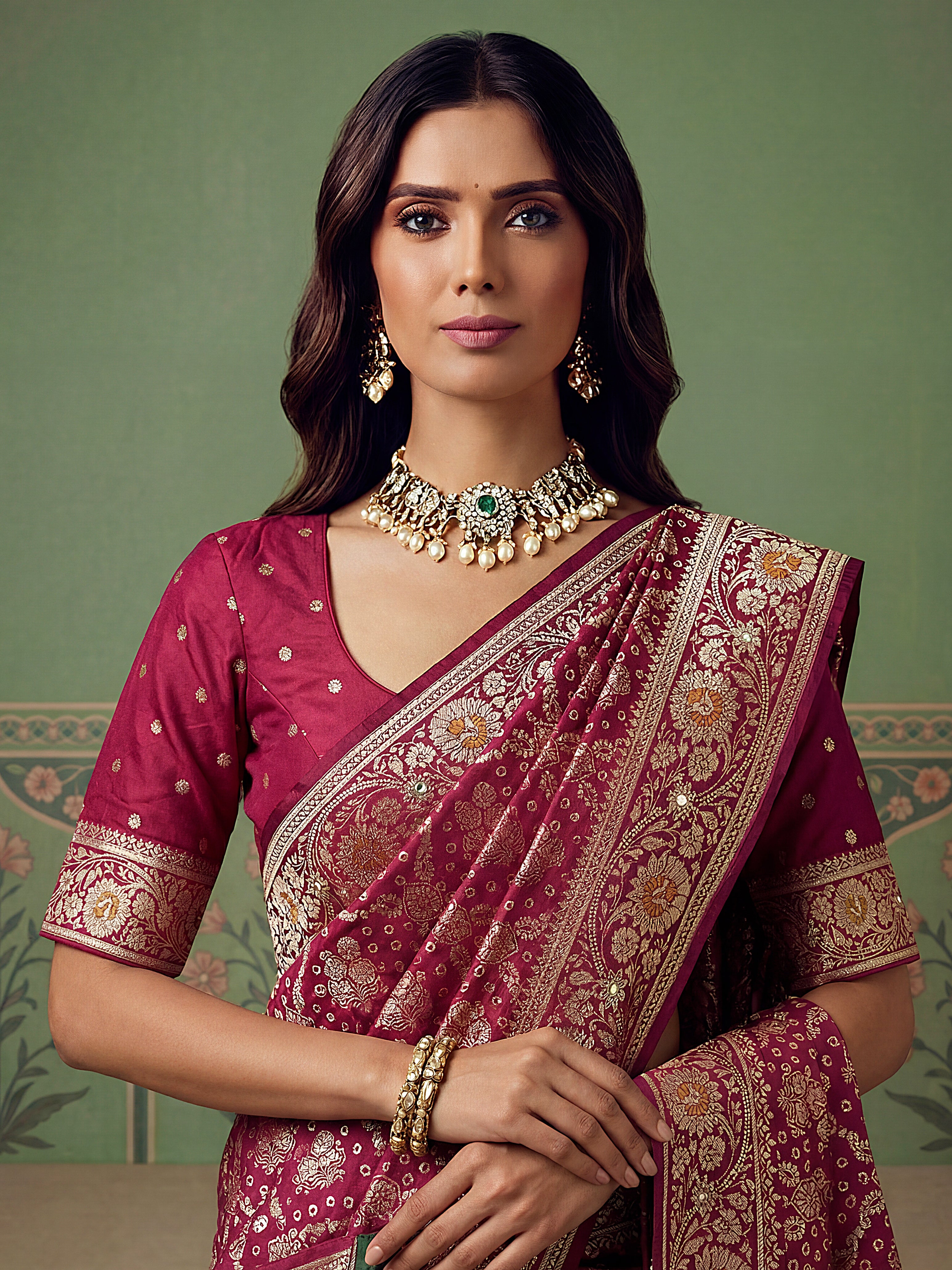 Rani Pink Pashmina Silk Zari Woven Saree with Gold Border & Unstitched Blouse
