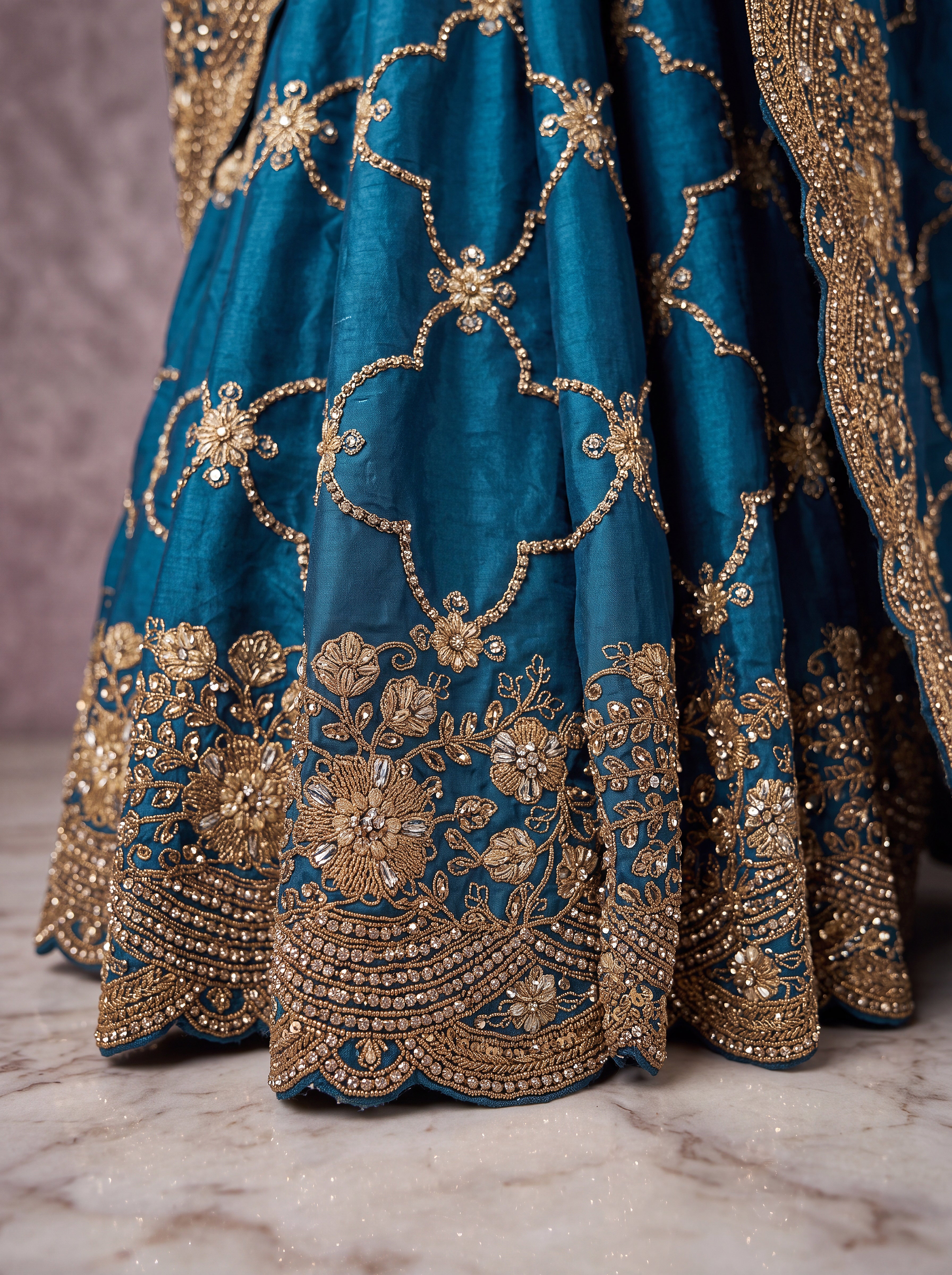 Teal Blue Designer Gold Embroidered Saree