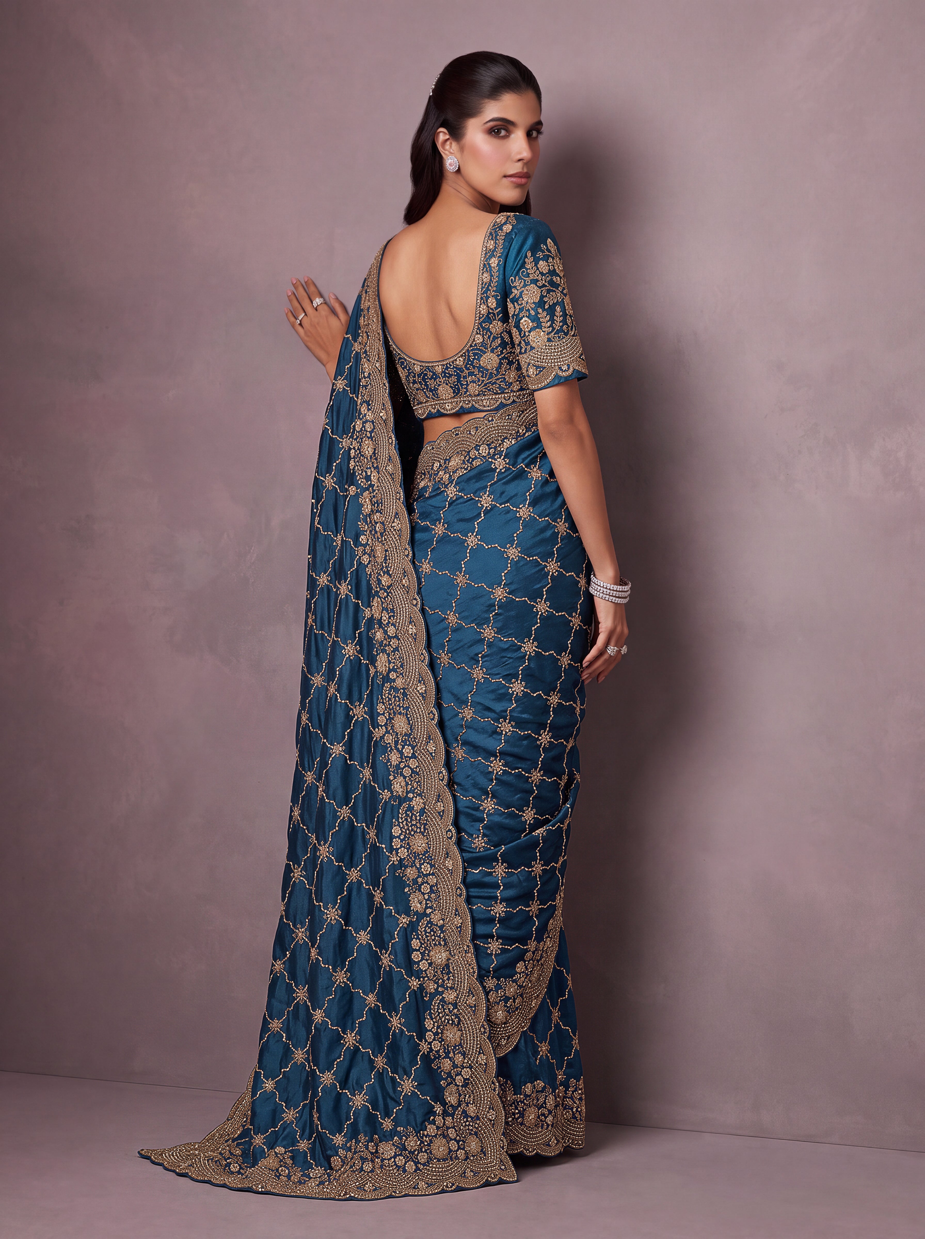 Teal Blue Designer Gold Embroidered Saree